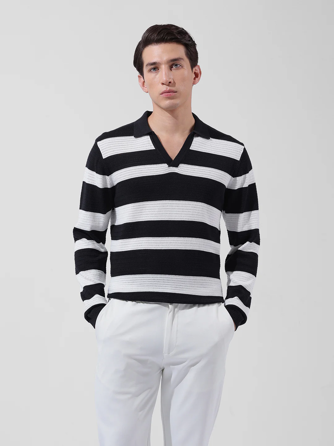 Men's Black Slim Fit Striped Flat Knit Polo Neck T-Shirt - Image 7