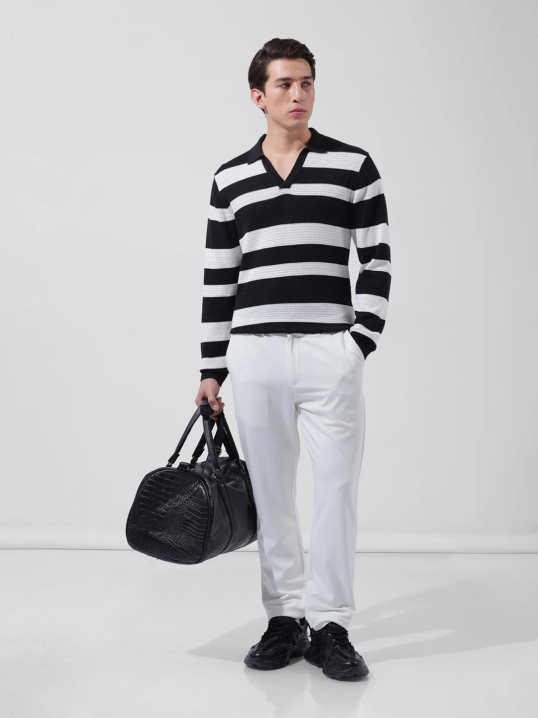 Men's Black Slim Fit Striped Flat Knit Polo Neck T-Shirt - Image 8