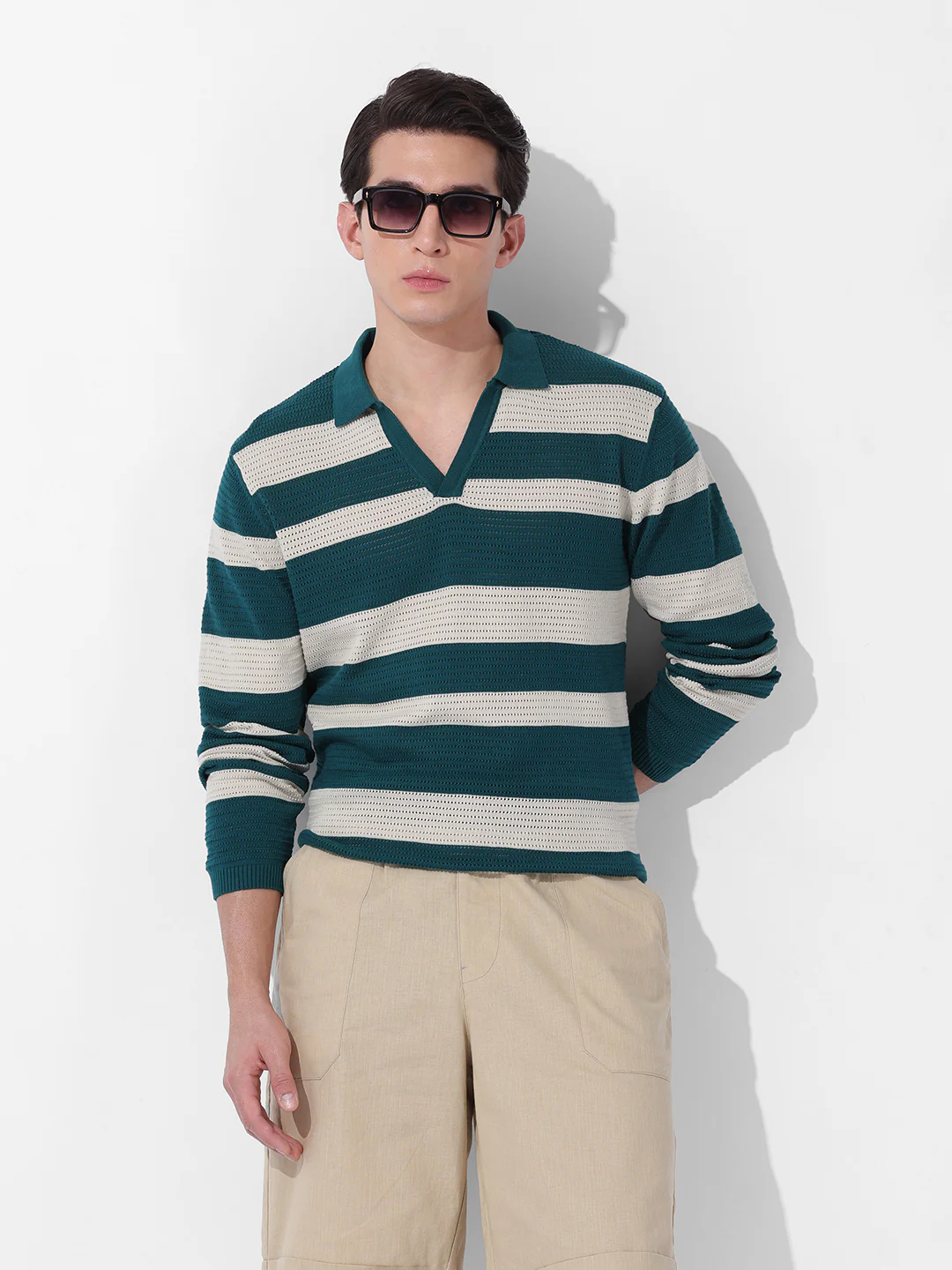Men's Green Slim Fit Striped Flat Knit Polo Neck T-Shirt - Image 2