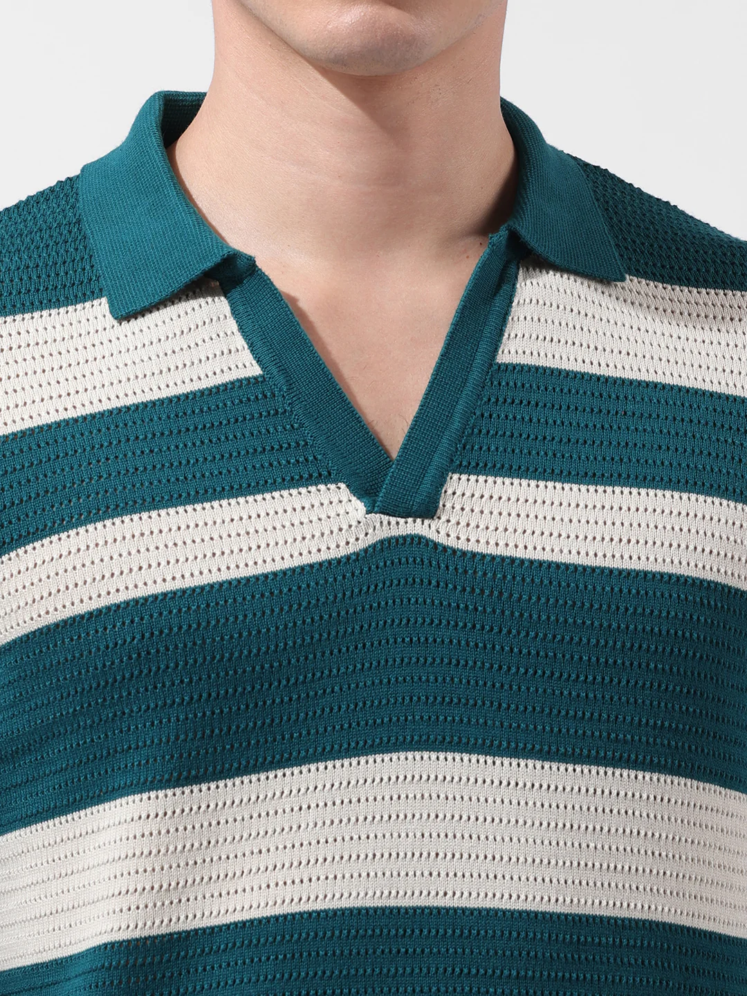 Men's Green Slim Fit Striped Flat Knit Polo Neck T-Shirt - Image 3