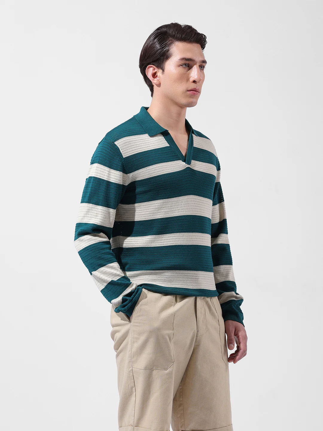 Men's Green Slim Fit Striped Flat Knit Polo Neck T-Shirt - Image 4