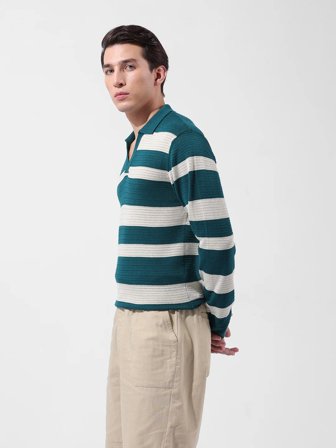 Men's Green Slim Fit Striped Flat Knit Polo Neck T-Shirt - Image 5