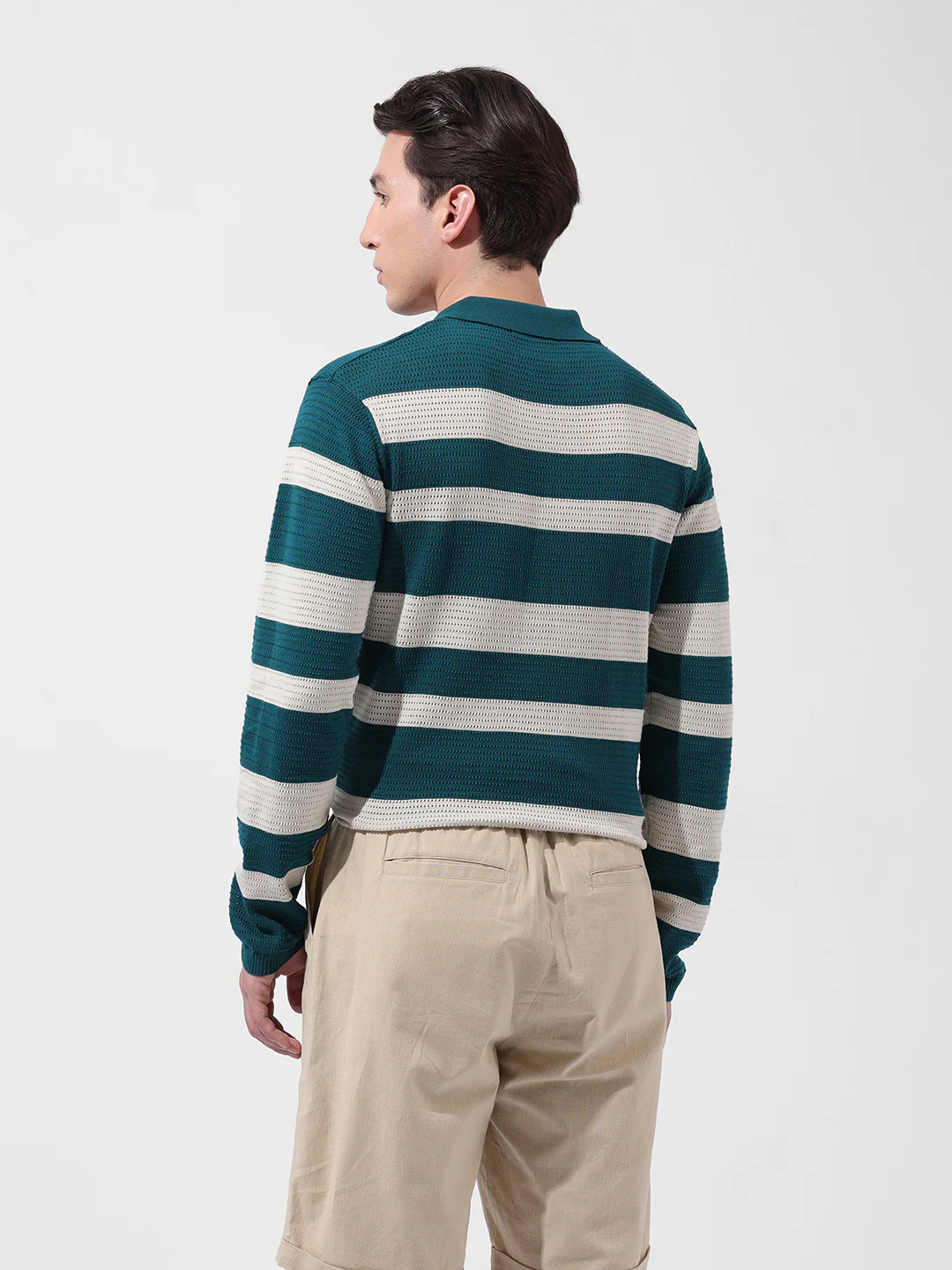 Men's Green Slim Fit Striped Flat Knit Polo Neck T-Shirt - Image 6