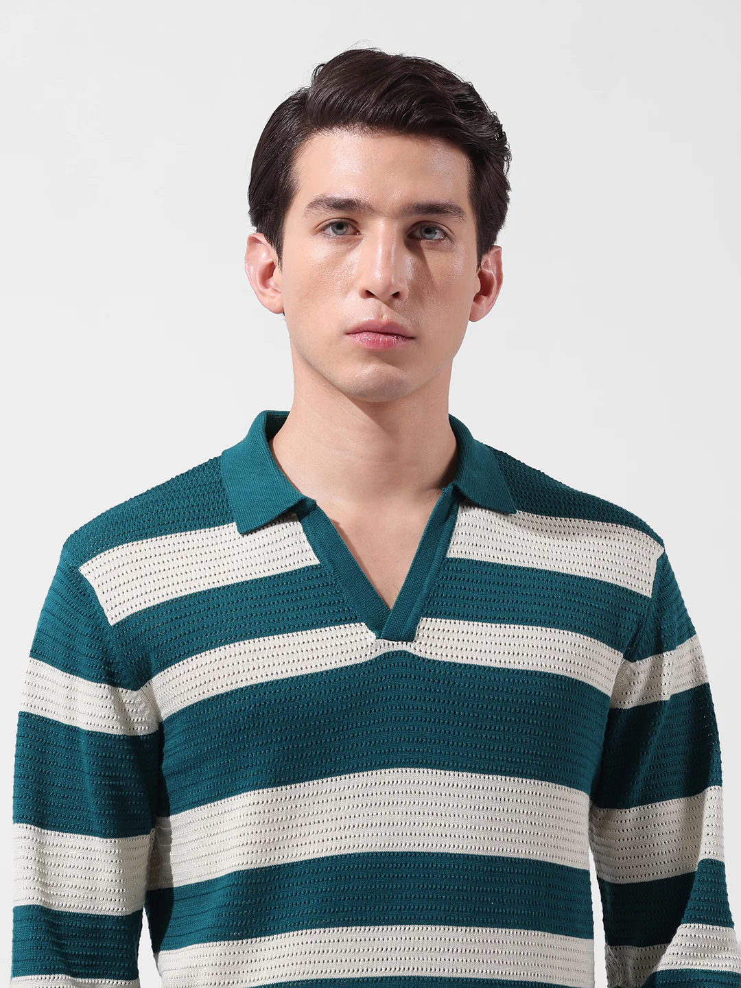 Men's Green Slim Fit Striped Flat Knit Polo Neck T-Shirt - Image 7