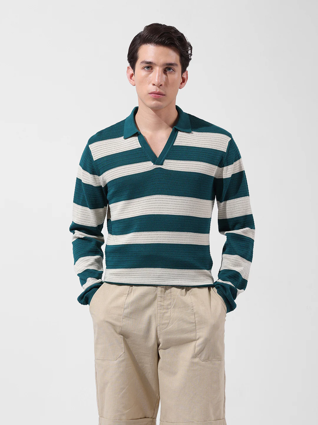 Men's Green Slim Fit Striped Flat Knit Polo Neck T-Shirt - Image 8