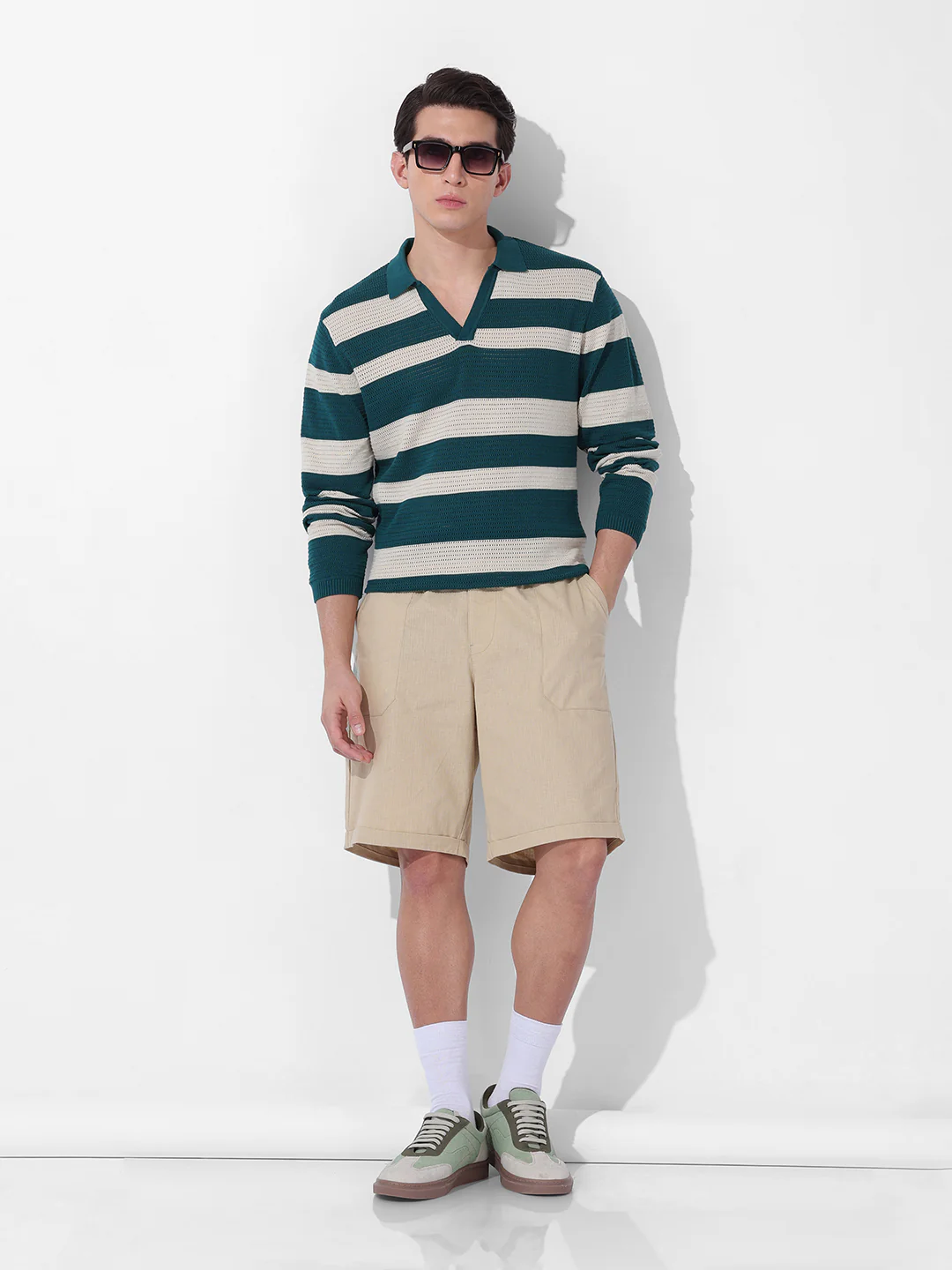 Men's Green Slim Fit Striped Flat Knit Polo Neck T-Shirt - Image 9