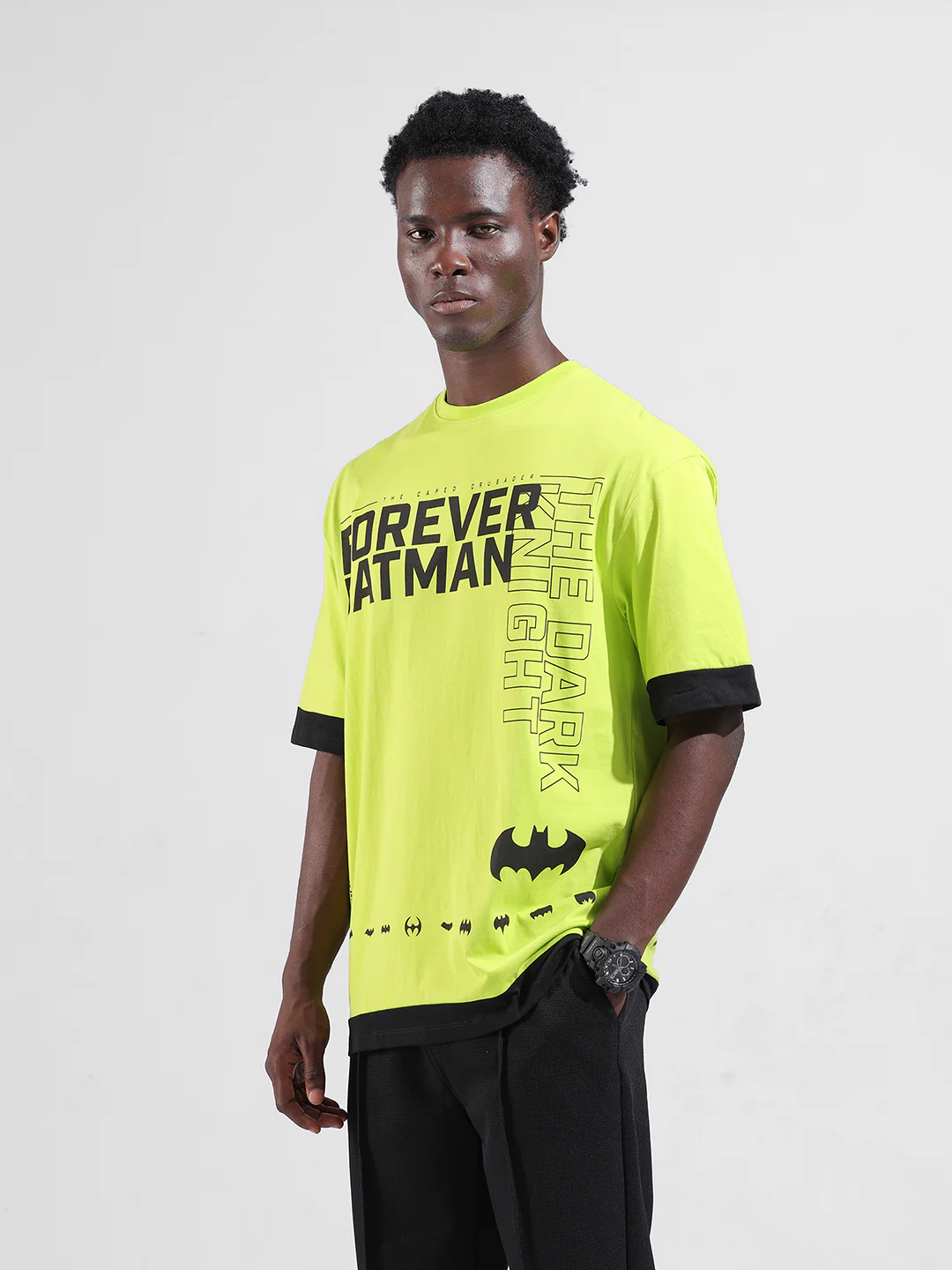 Men's Green Oversized Fit Character Batman Printed Crew Neck T-Shirt - Image 5