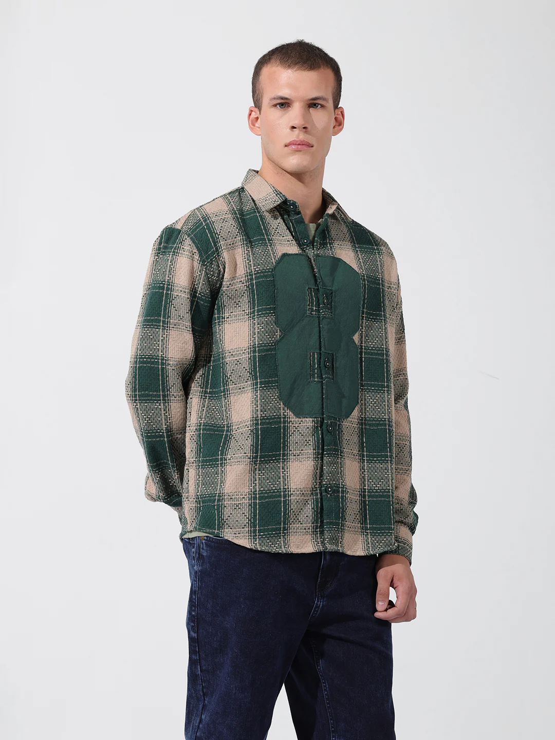 Men's Green Relaxed Fit Checkered Embroidered Shirt - Image 2