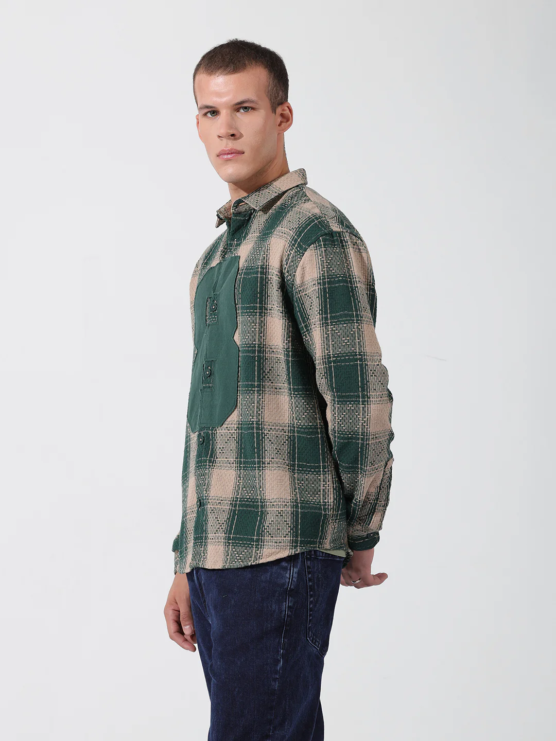Men's Green Relaxed Fit Checkered Embroidered Shirt - Image 3
