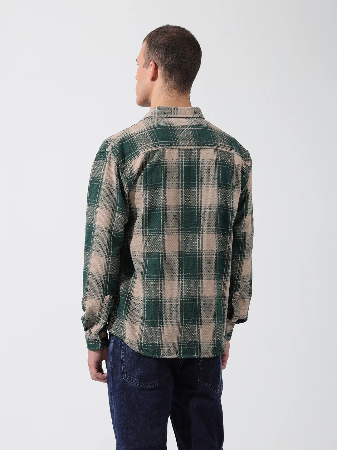 Men's Green Relaxed Fit Checkered Embroidered Shirt - Image 4
