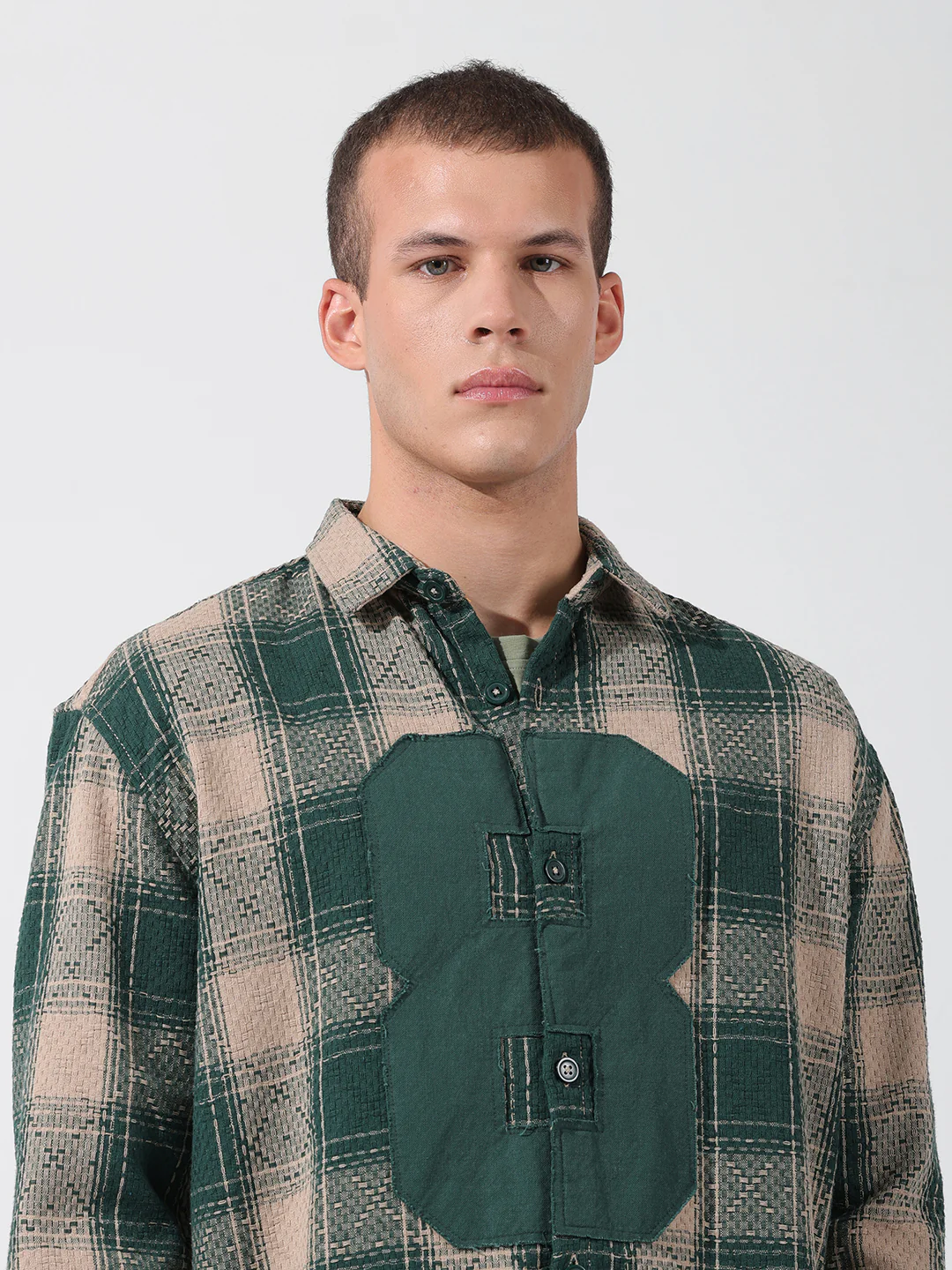 Men's Green Relaxed Fit Checkered Embroidered Shirt - Image 5