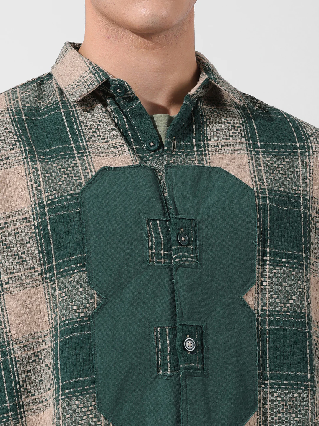 Men's Green Relaxed Fit Checkered Embroidered Shirt - Image 6