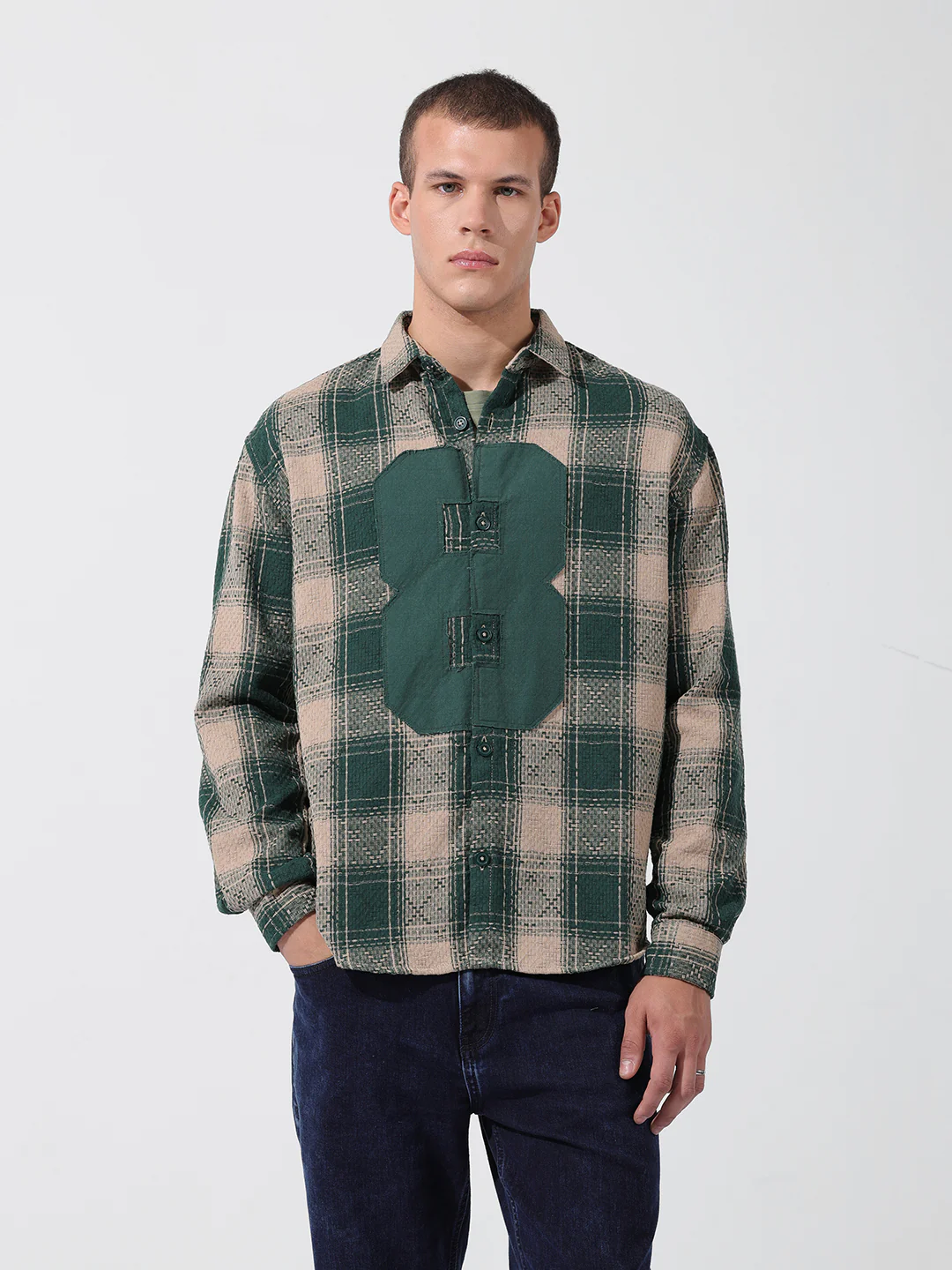 Men's Green Relaxed Fit Checkered Embroidered Shirt - Image 7