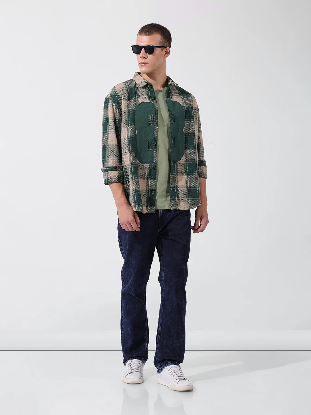 Men's Green Relaxed Fit Checkered Embroidered Shirt - Image 8