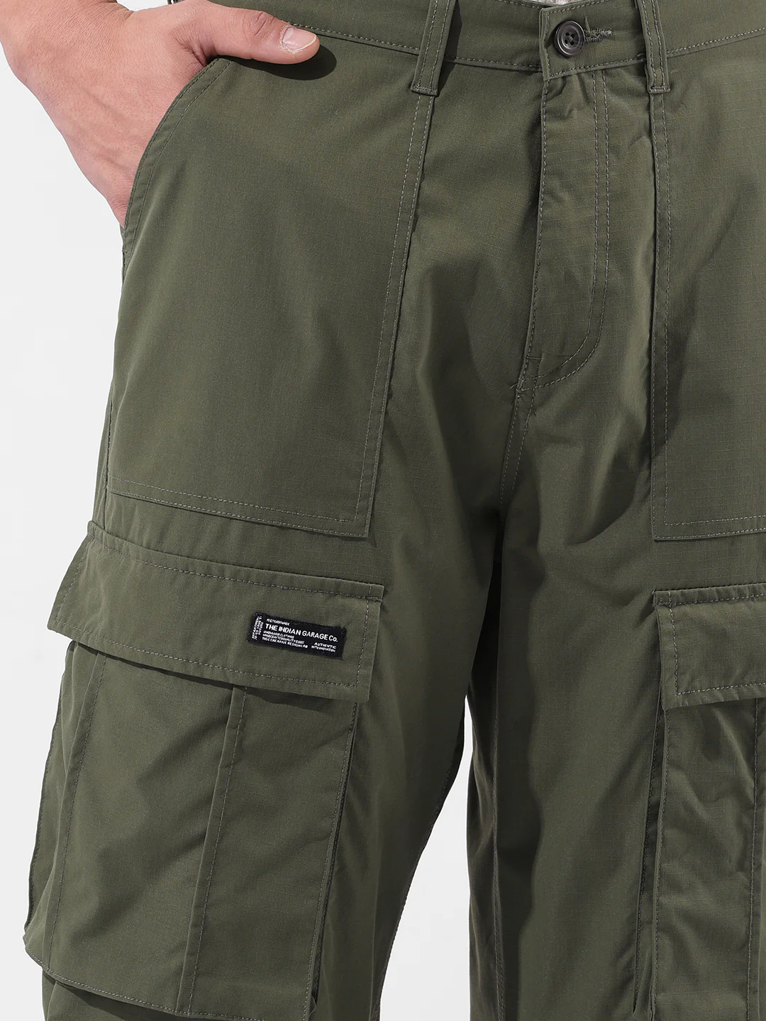 Men's Green Relaxed Fit Textured Utility Cargo - Image 5