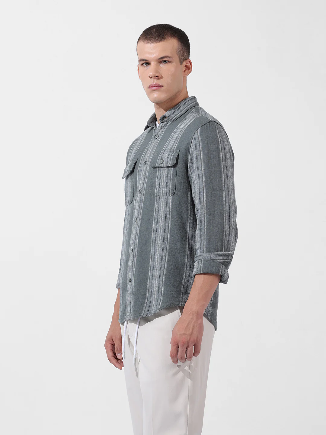 Men's Green Slim Fit Striped Casual Shirt - Image 4