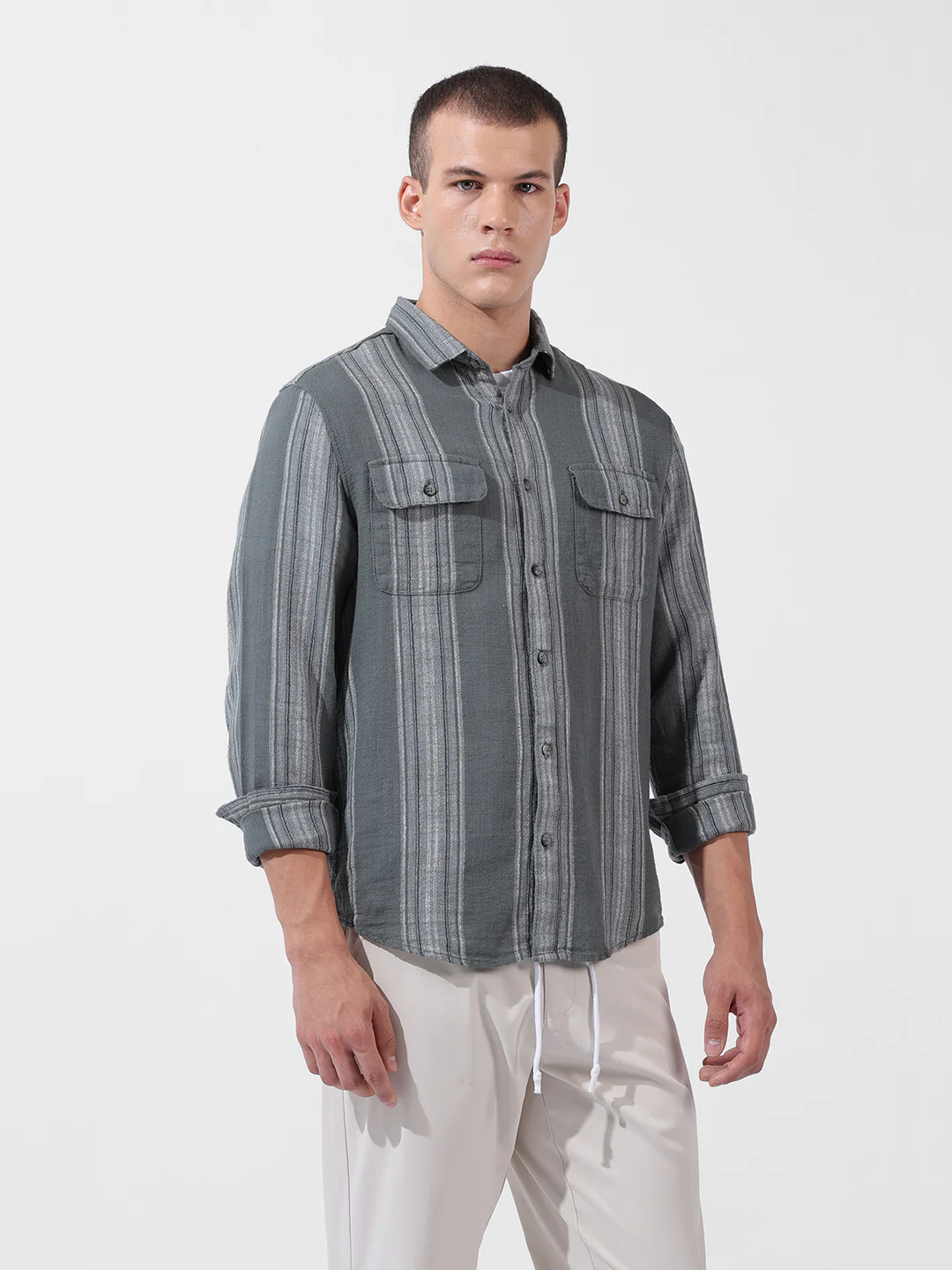 Men's Green Slim Fit Striped Casual Shirt - Image 5