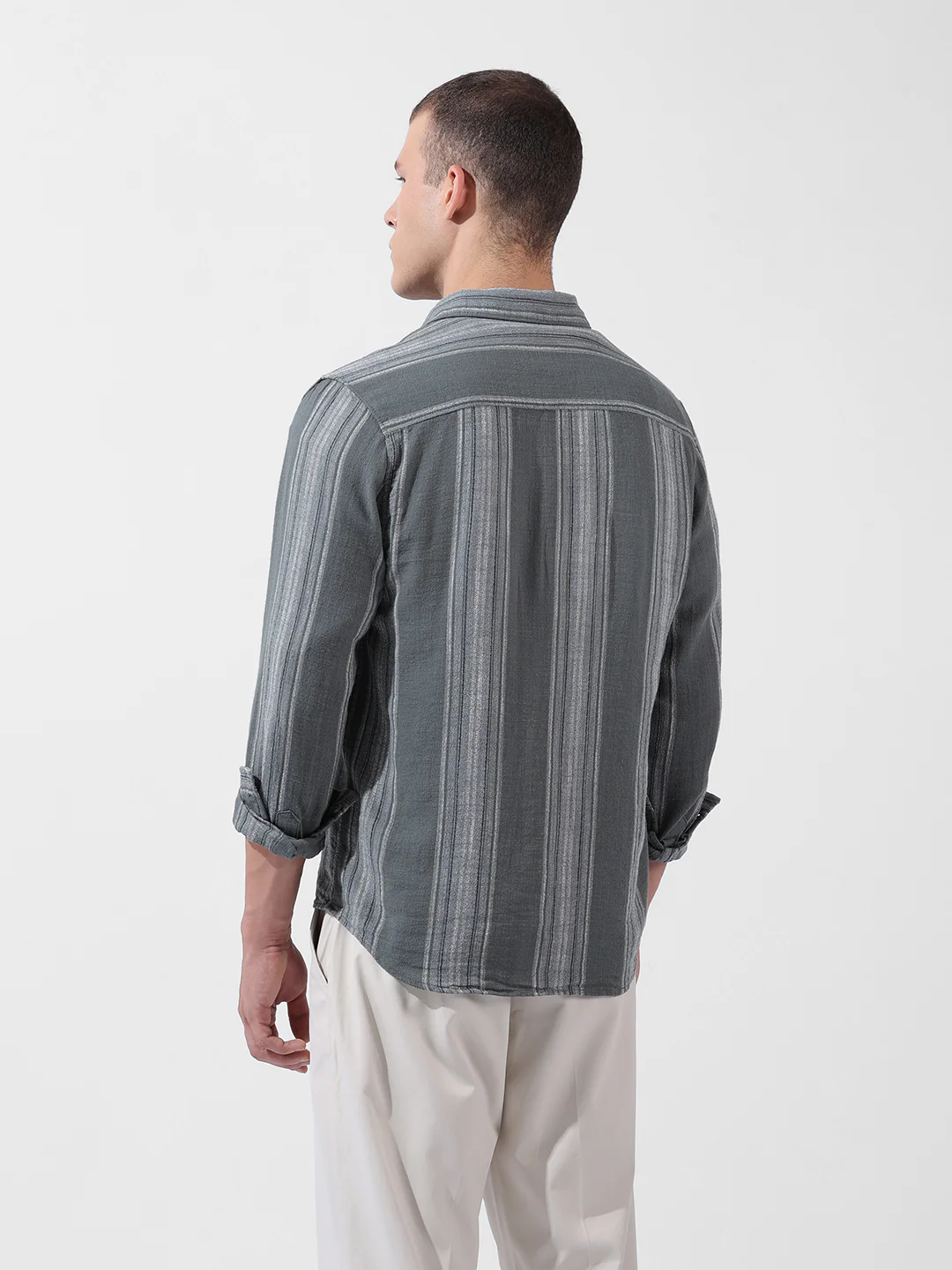 Men's Green Slim Fit Striped Casual Shirt - Image 6