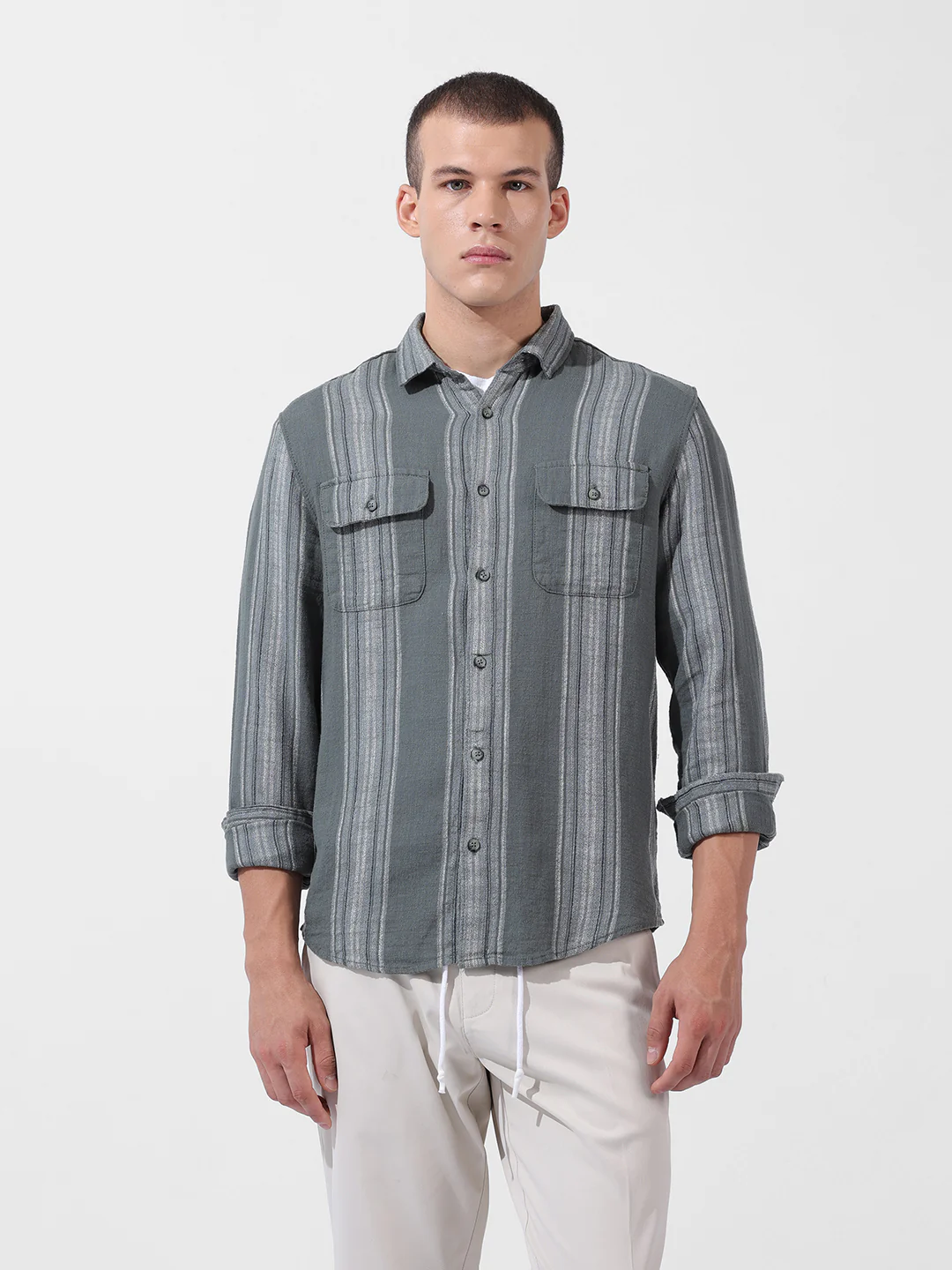 Men's Green Slim Fit Striped Casual Shirt - Image 8