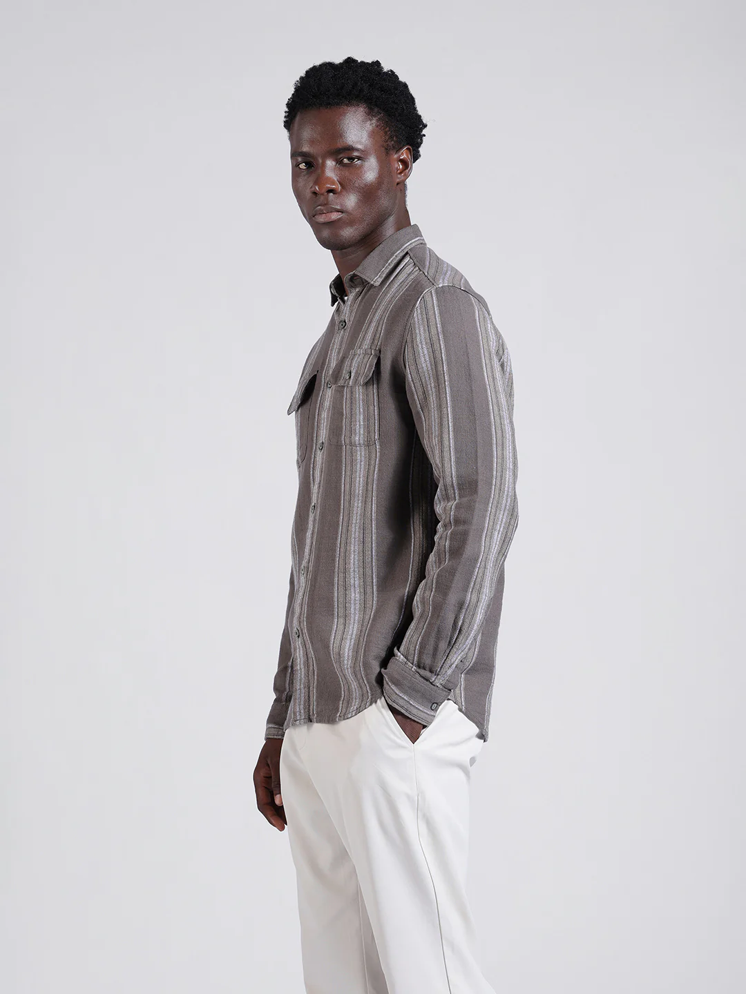 Men's Grey Slim Fit Striped Casual Shirt - Image 2