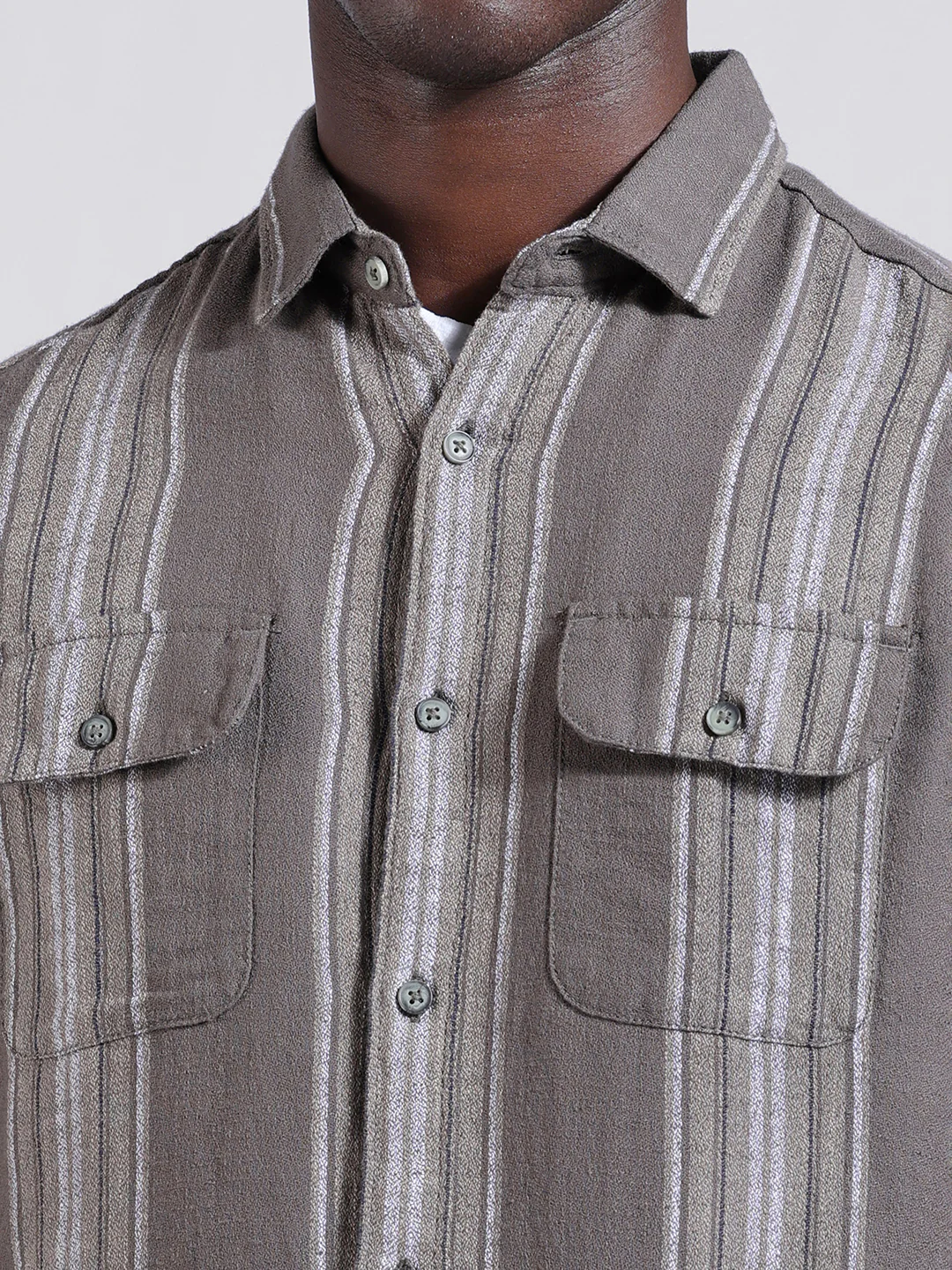 Men's Grey Slim Fit Striped Casual Shirt - Image 3