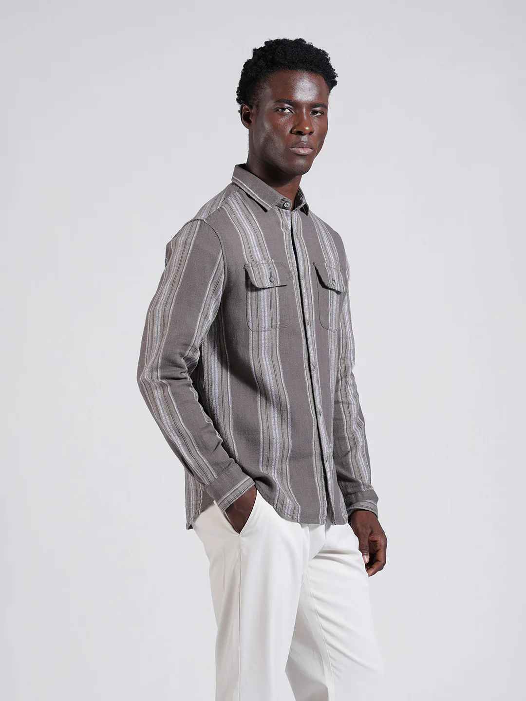 Men's Grey Slim Fit Striped Casual Shirt - Image 4