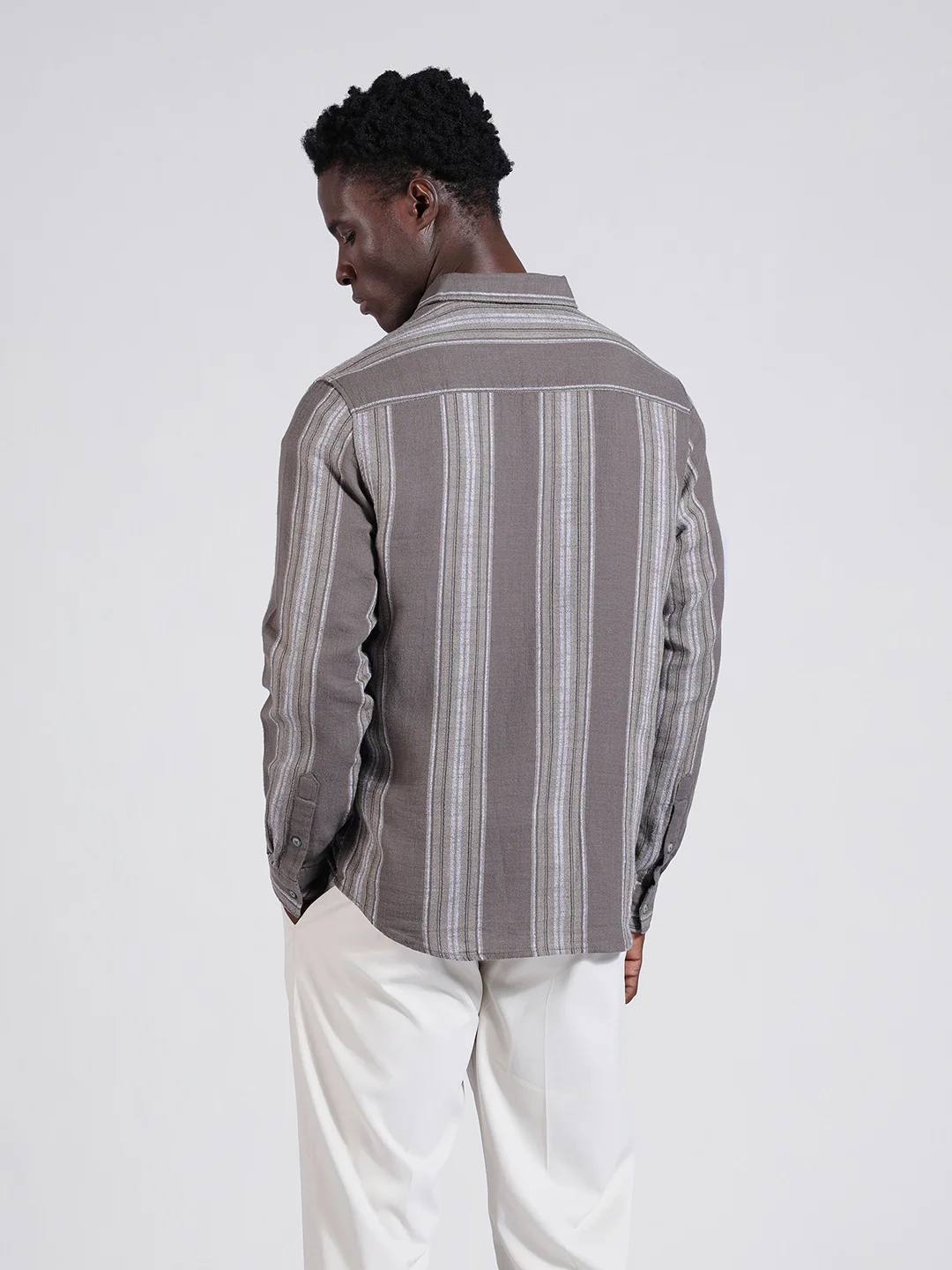 Men's Grey Slim Fit Striped Casual Shirt - Image 5