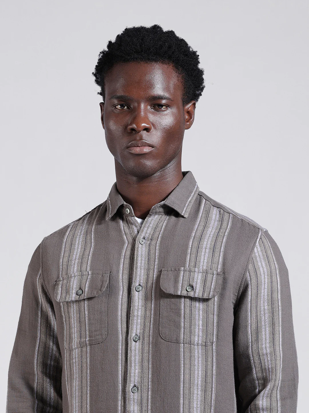 Men's Grey Slim Fit Striped Casual Shirt - Image 6
