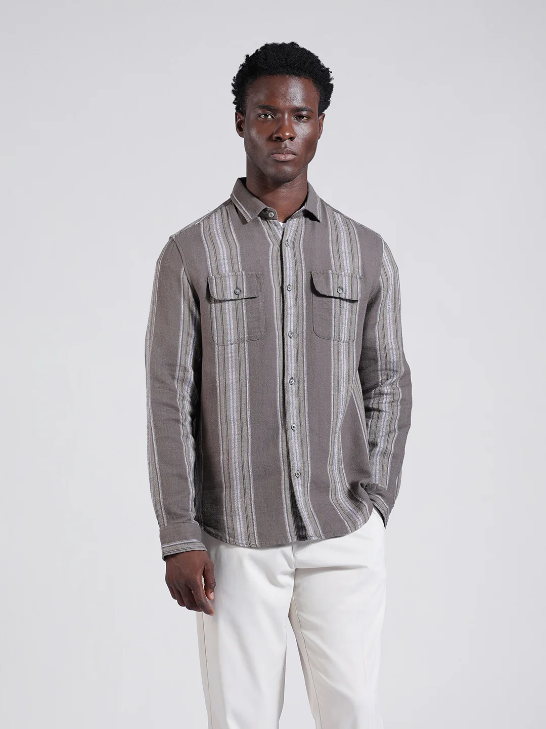 Men's Grey Slim Fit Striped Casual Shirt - Image 7