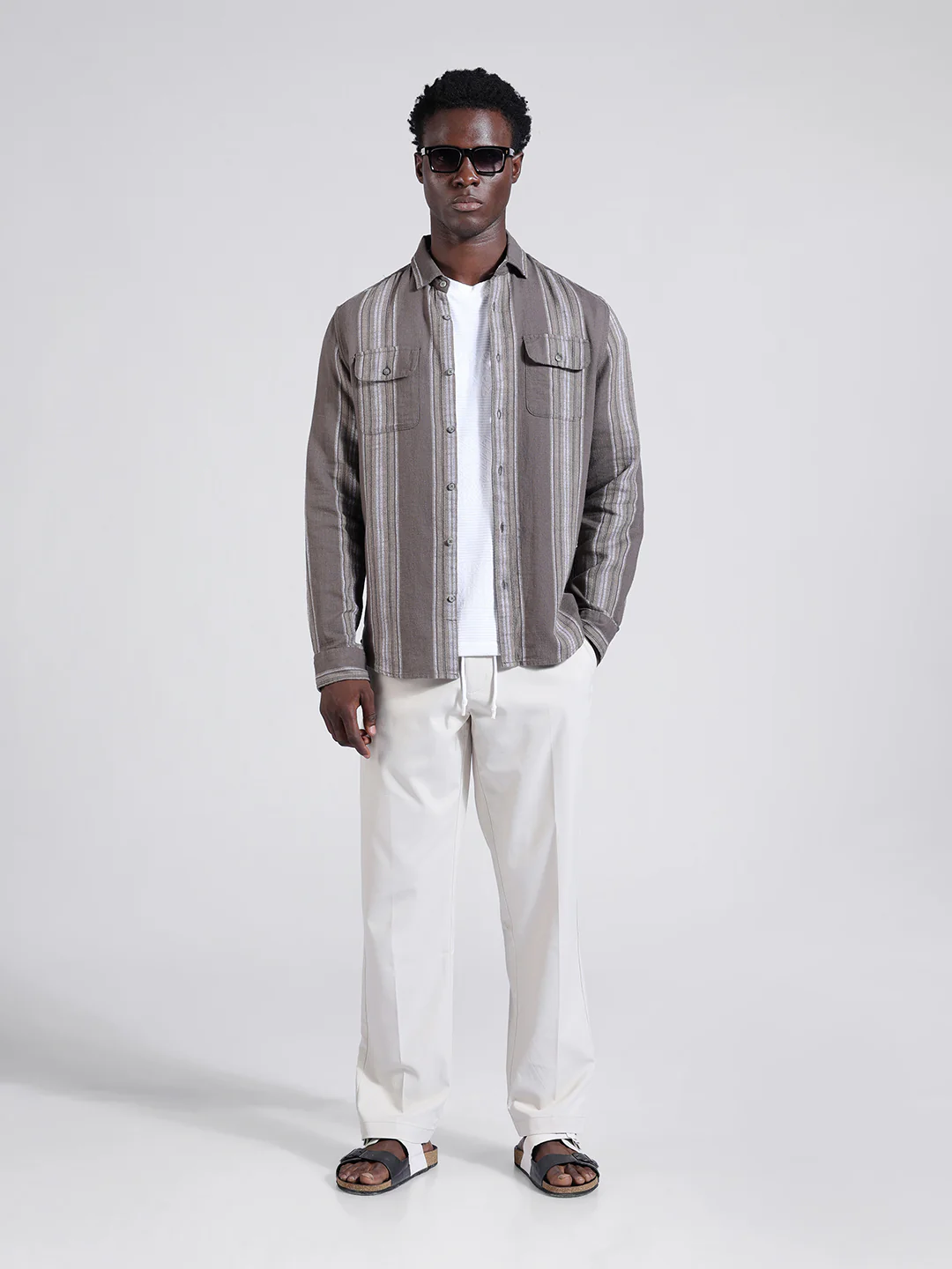 Men's Grey Slim Fit Striped Casual Shirt - Image 8
