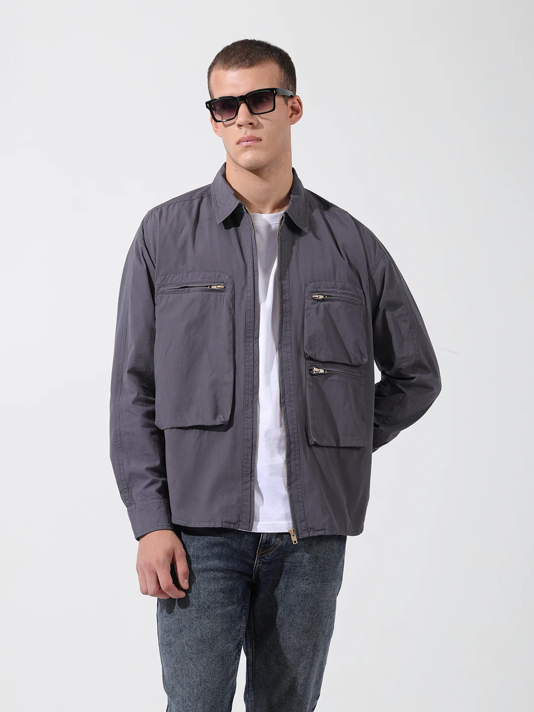 Men's Grey Boxy Fit Solid Korean Street Shirt - Image 2