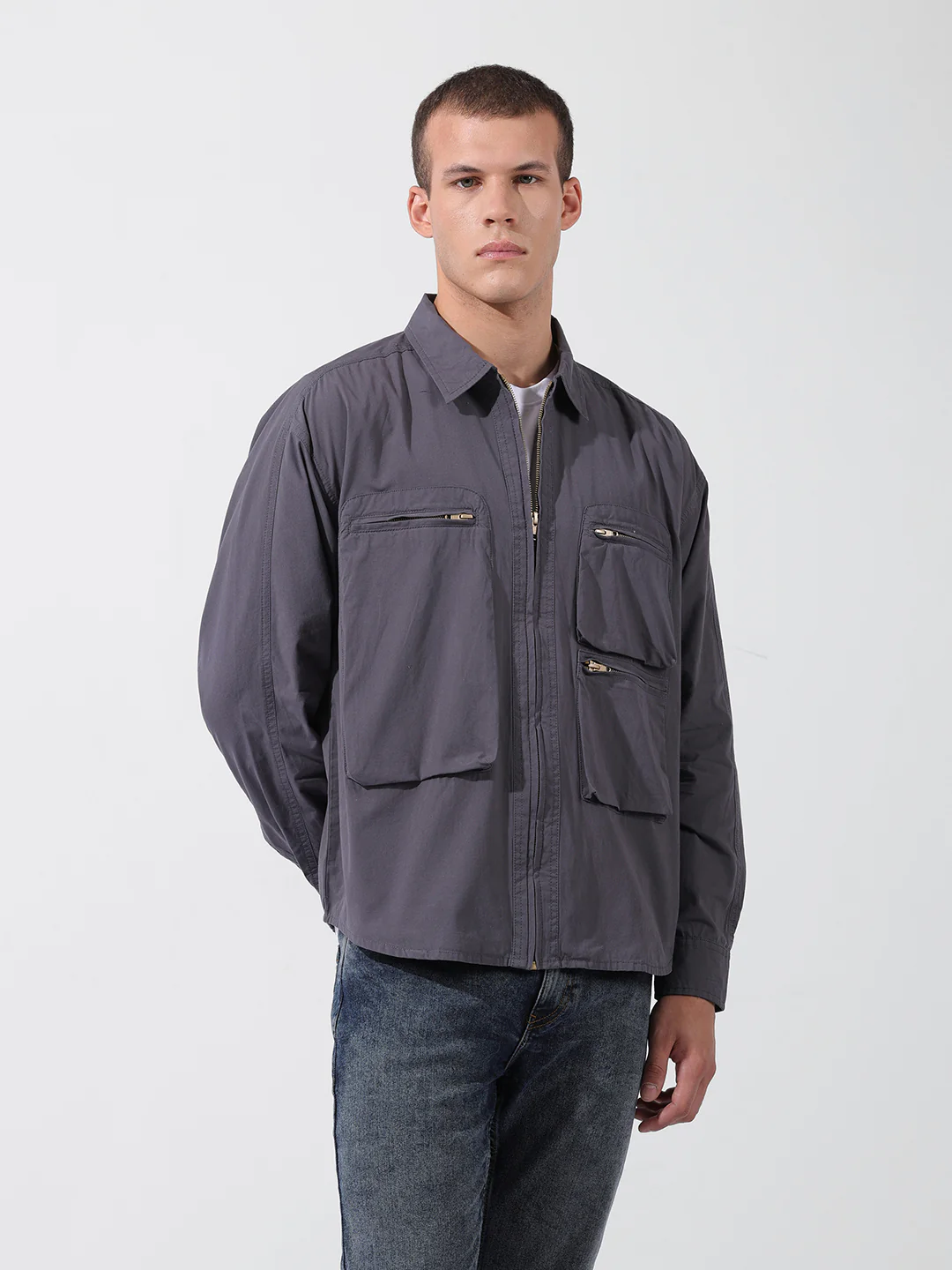 Men's Grey Boxy Fit Solid Korean Street Shirt - Image 3