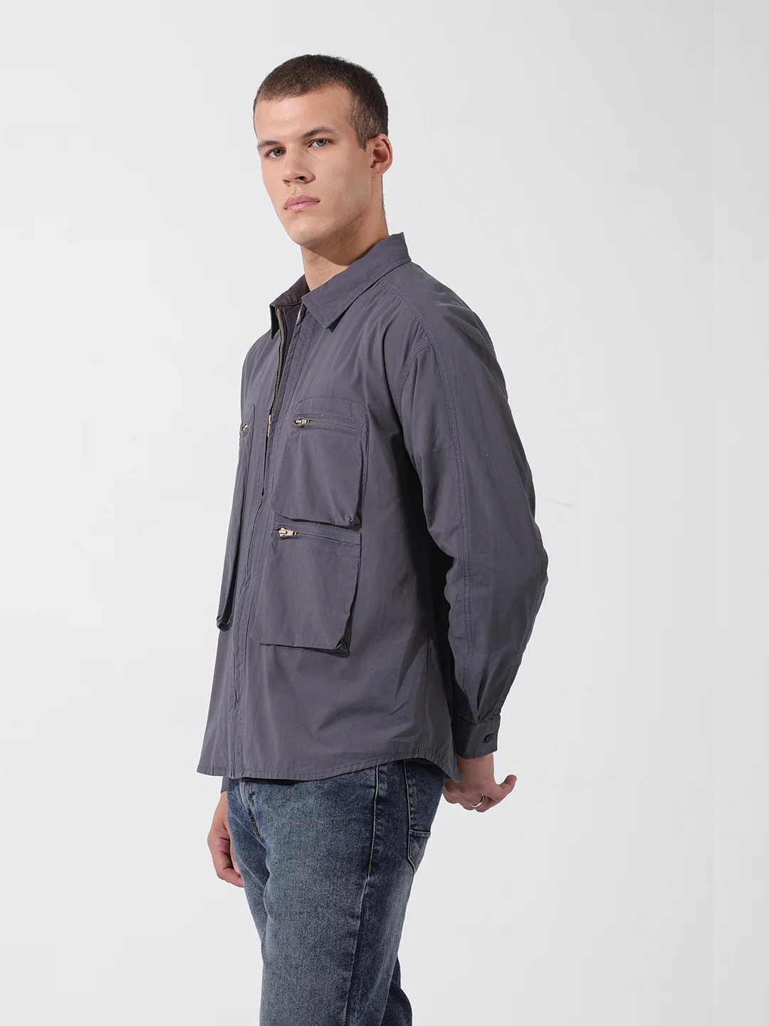 Men's Grey Boxy Fit Solid Korean Street Shirt - Image 4