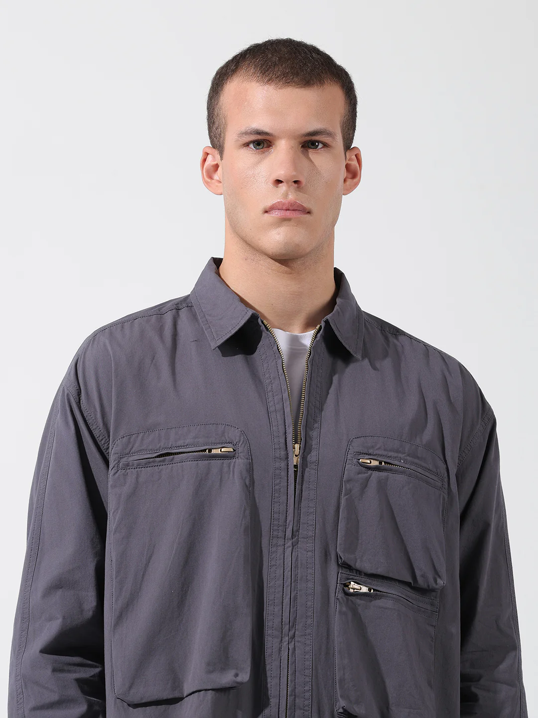 Men's Grey Boxy Fit Solid Korean Street Shirt - Image 6