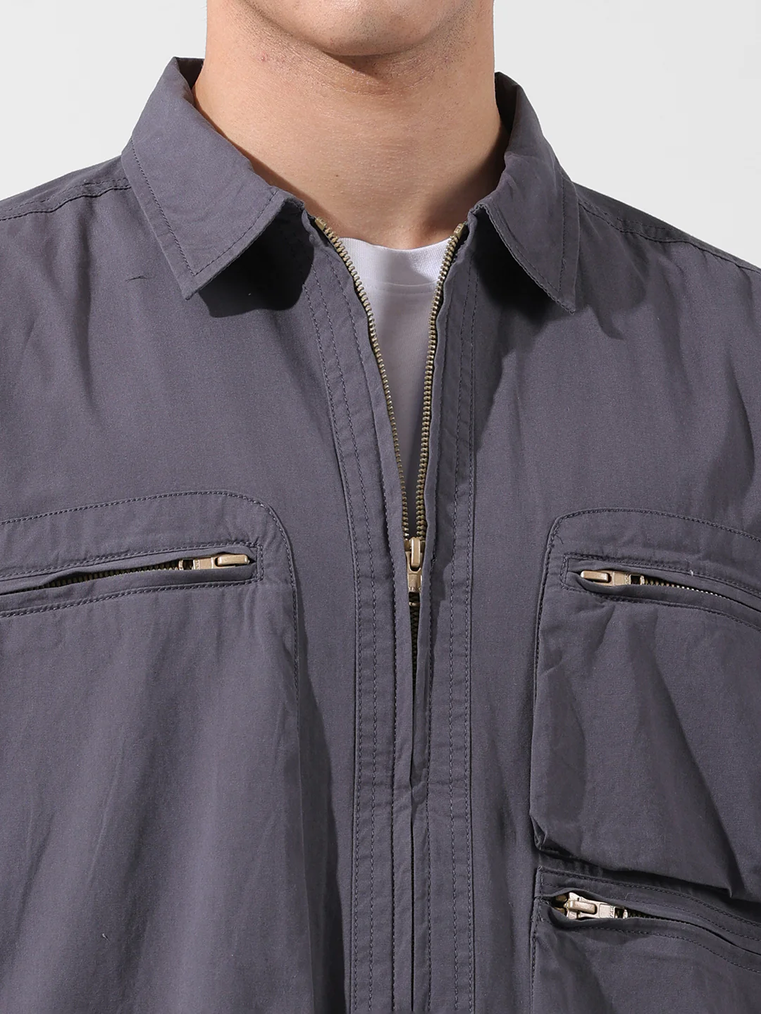 Men's Grey Boxy Fit Solid Korean Street Shirt - Image 7