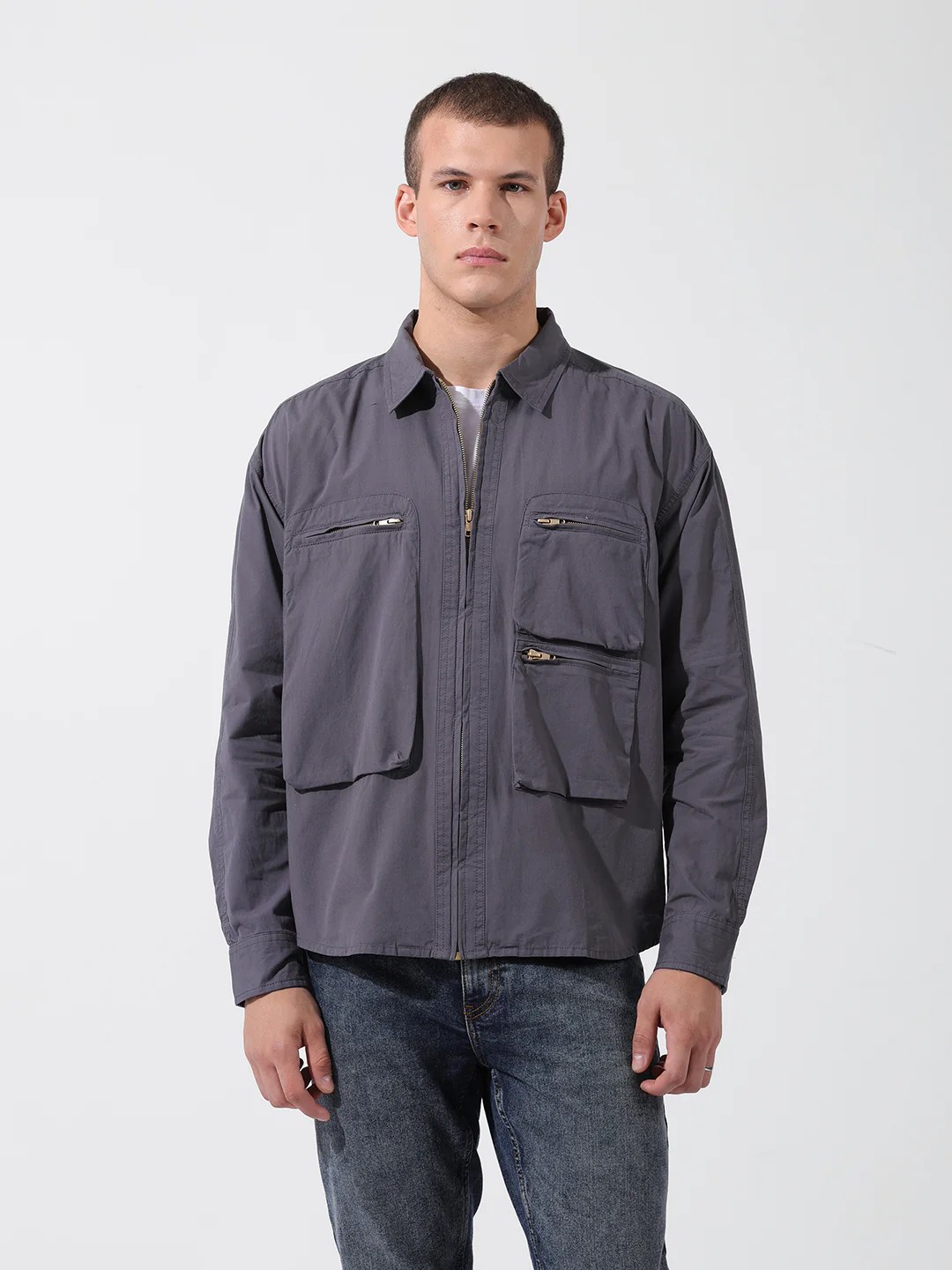 Men's Grey Boxy Fit Solid Korean Street Shirt - Image 8