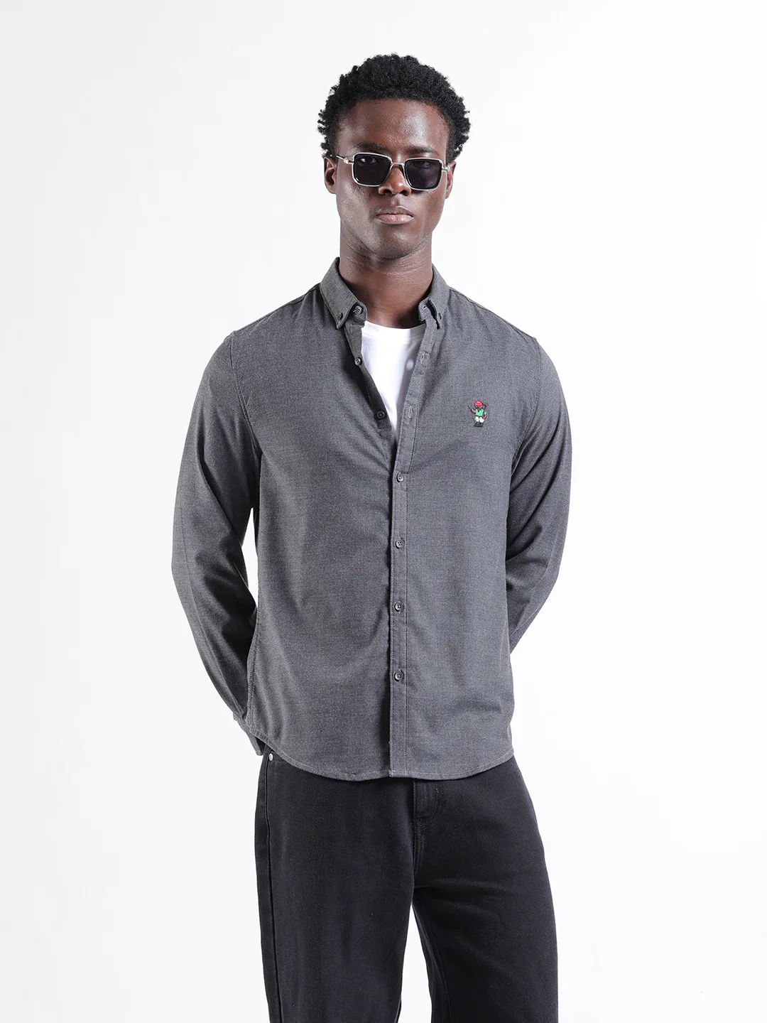 Men's Grey Slim Fit Embroided  Casual Shirt - Image 2