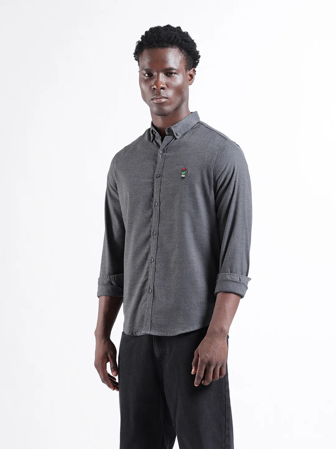 Men's Grey Slim Fit Embroided  Casual Shirt - Image 3
