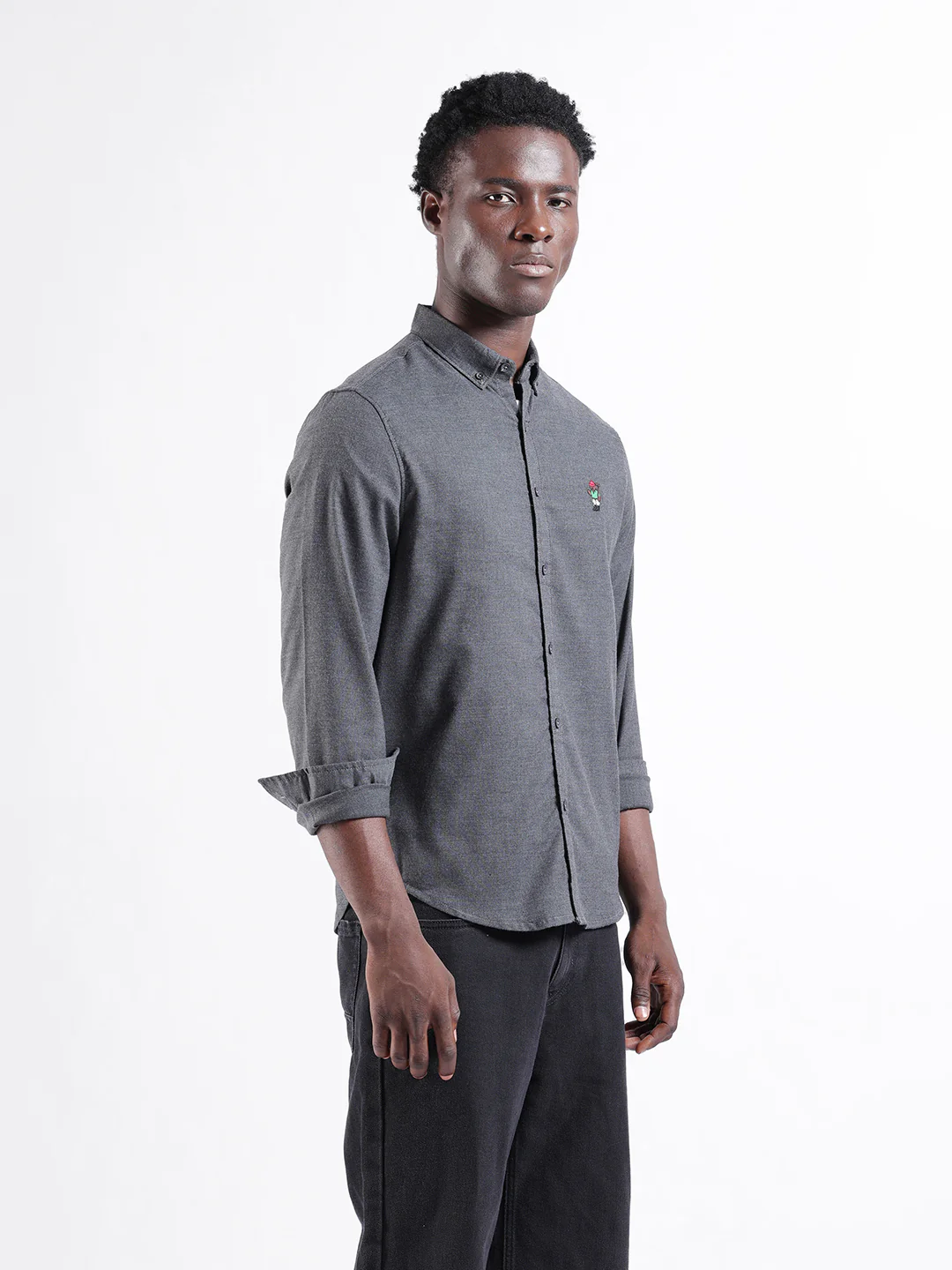 Men's Grey Slim Fit Embroided  Casual Shirt - Image 4