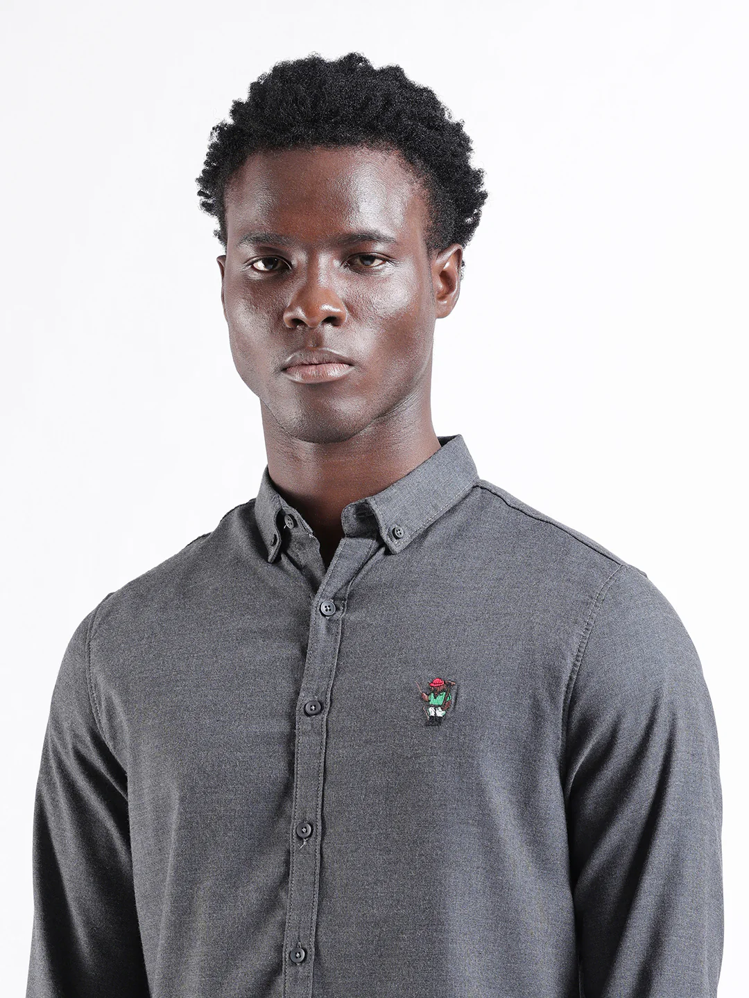 Men's Grey Slim Fit Embroided  Casual Shirt - Image 6