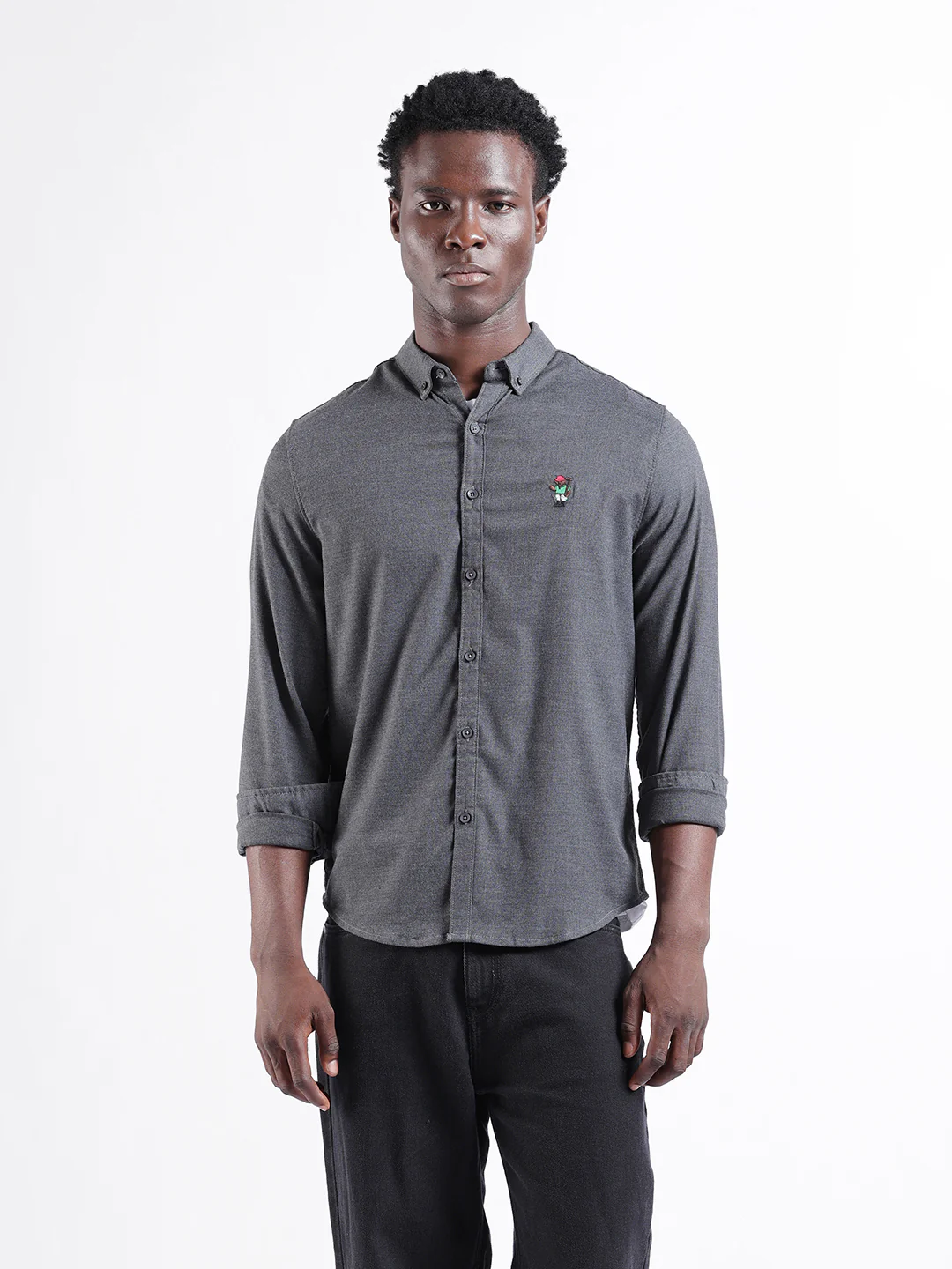 Men's Grey Slim Fit Embroided  Casual Shirt - Image 7