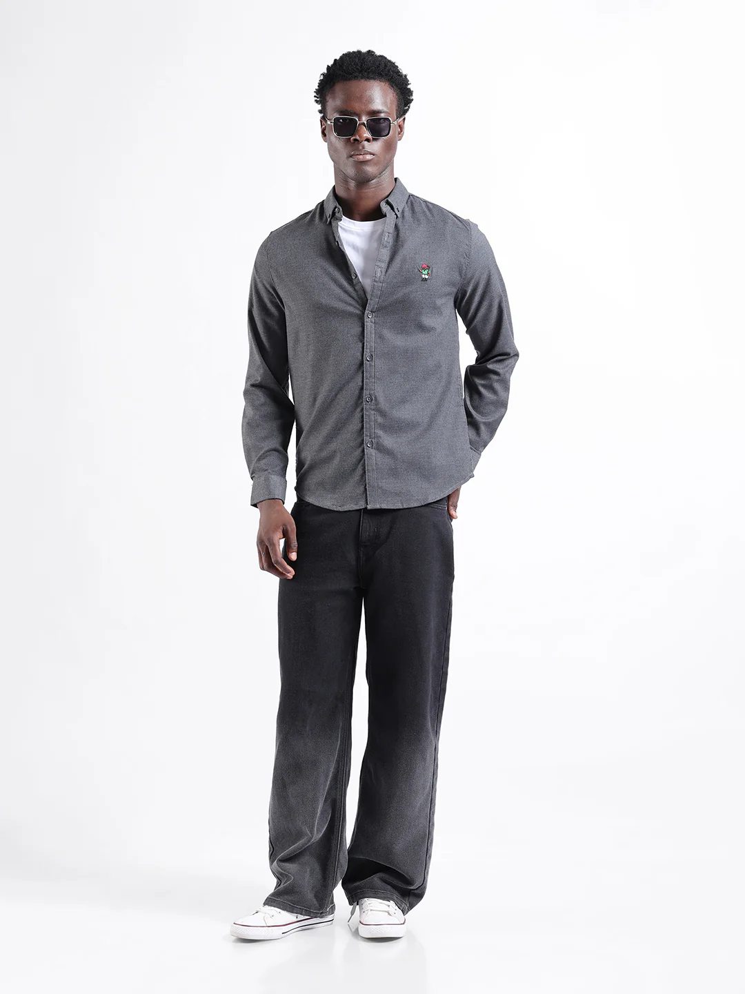 Men's Grey Slim Fit Embroided  Casual Shirt - Image 9