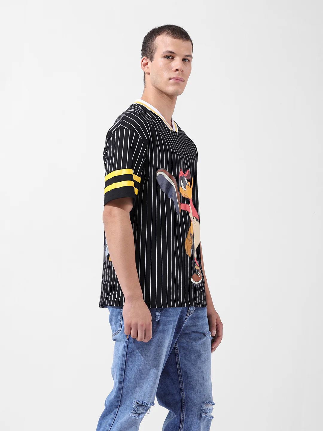 Men's Black Boxy Fit Cartoon Character Printed V-Neck T-Shirt - Image 2