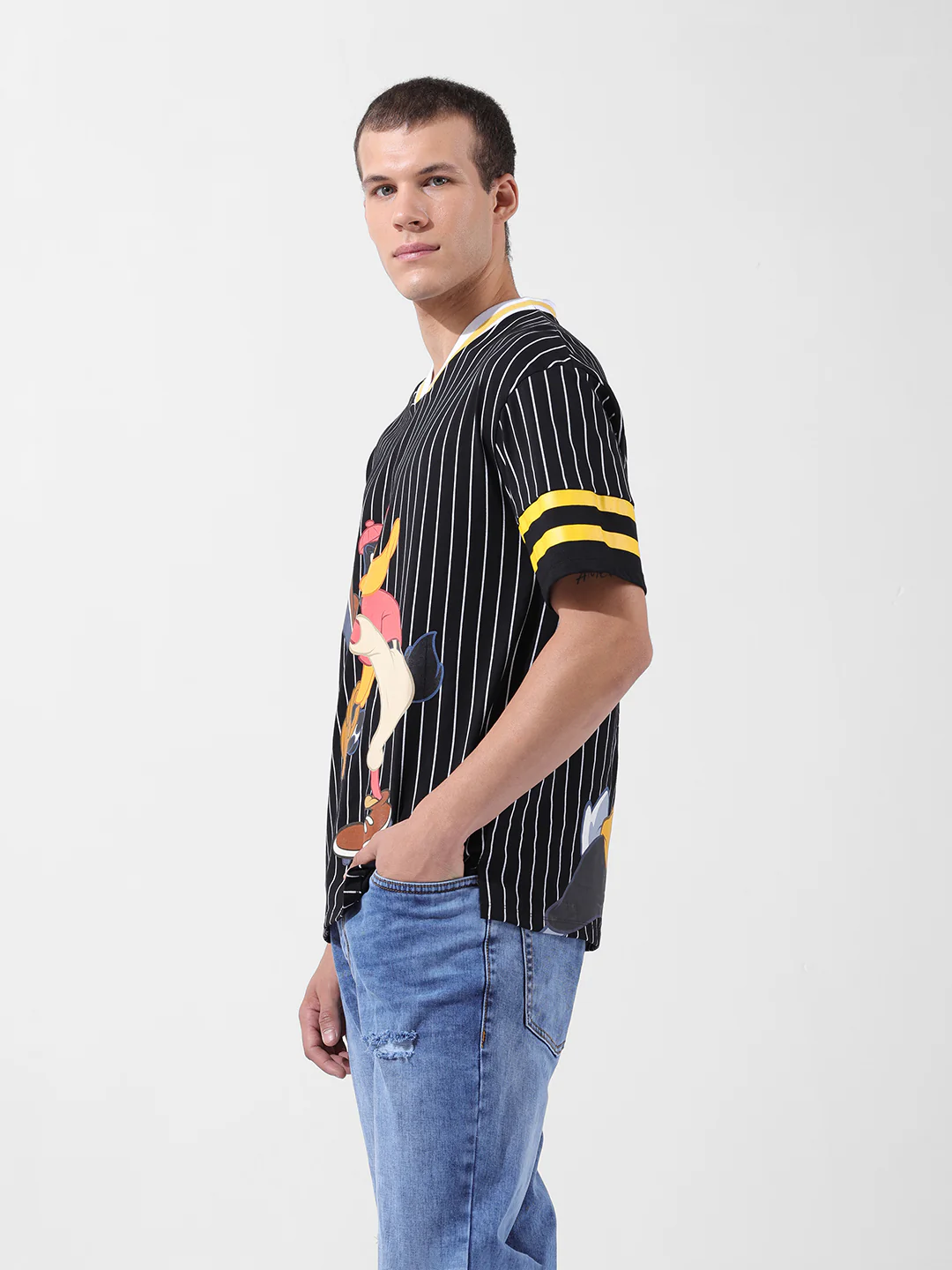 Men's Black Boxy Fit Cartoon Character Printed V-Neck T-Shirt - Image 3