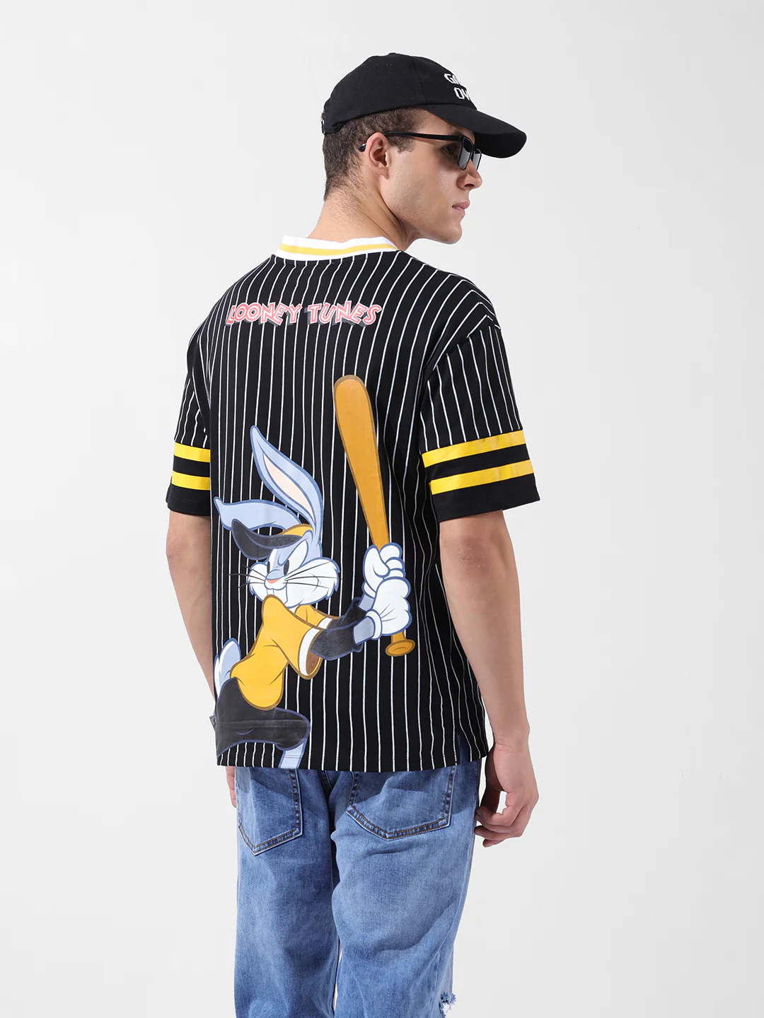 Men's Black Boxy Fit Cartoon Character Printed V-Neck T-Shirt - Image 4