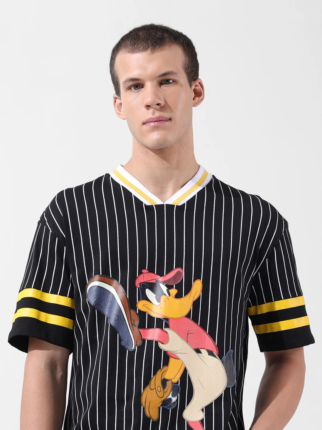 Men's Black Boxy Fit Cartoon Character Printed V-Neck T-Shirt - Image 5