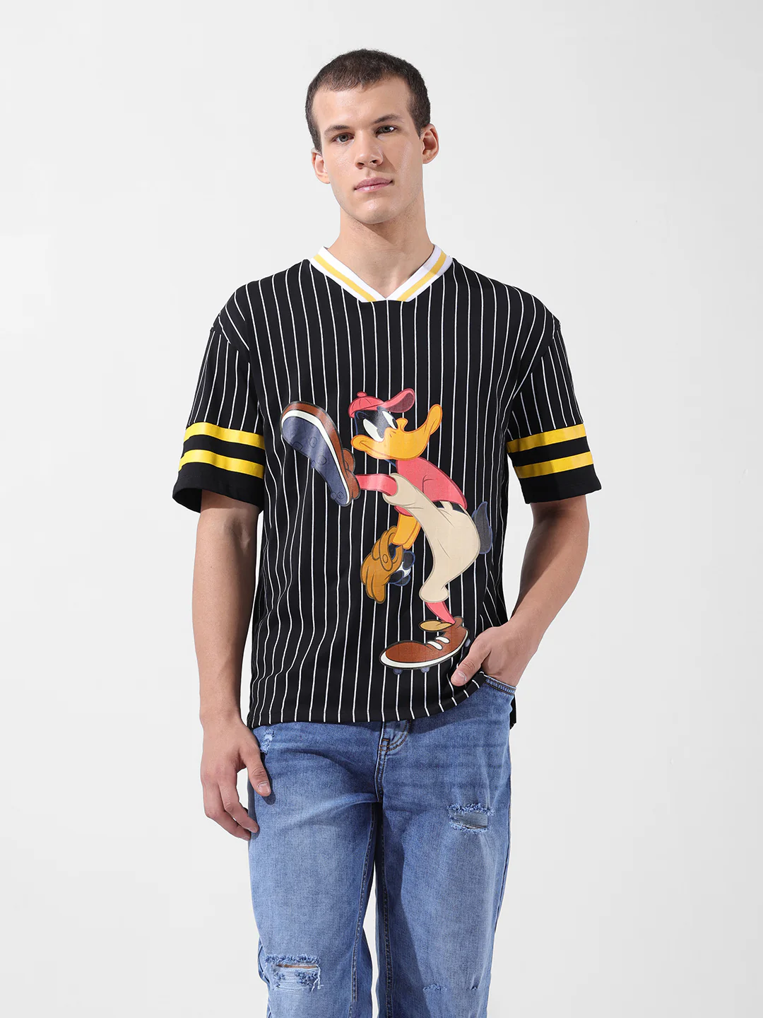 Men's Black Boxy Fit Cartoon Character Printed V-Neck T-Shirt - Image 7