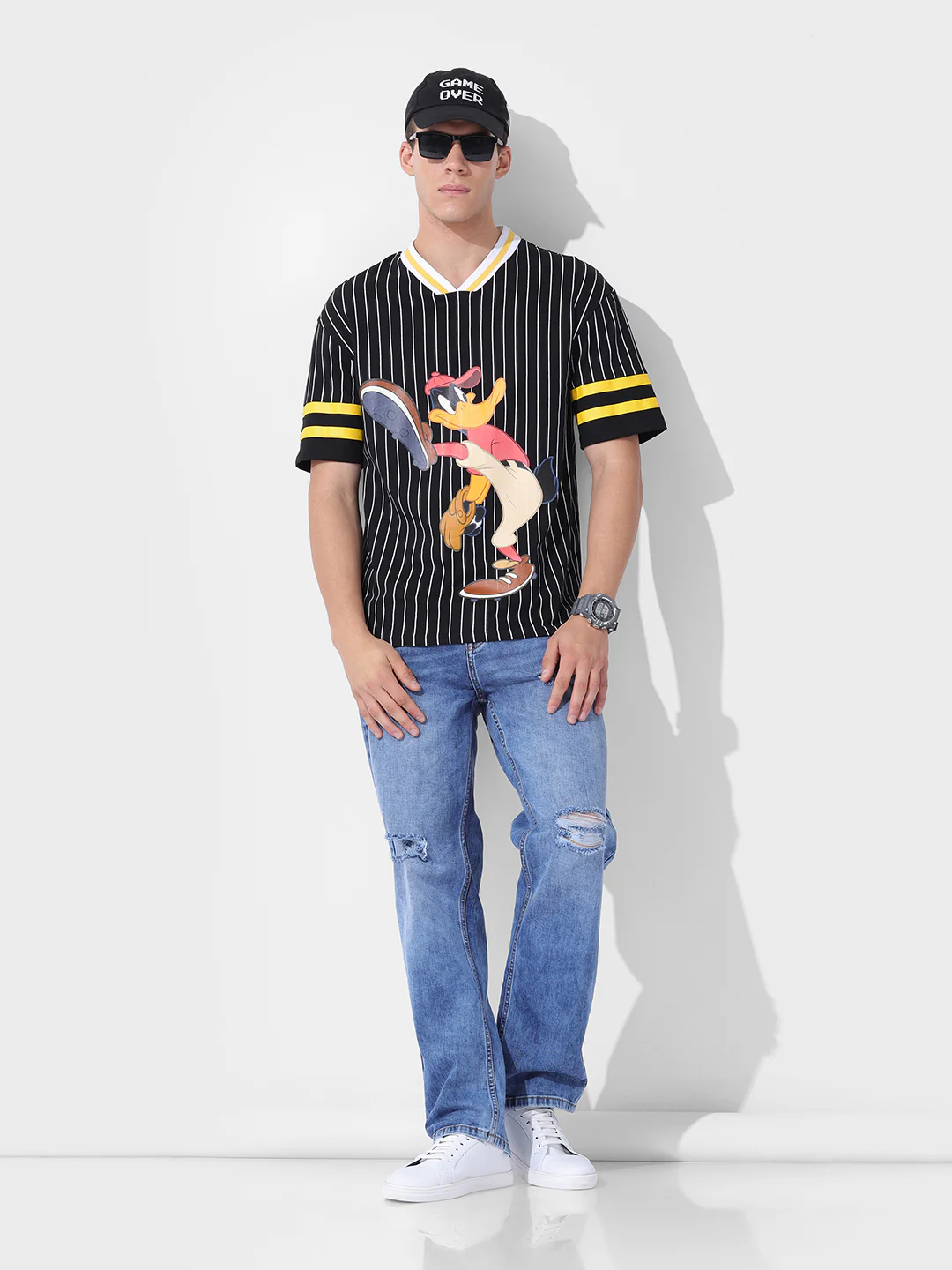 Men's Black Boxy Fit Cartoon Character Printed V-Neck T-Shirt - Image 8