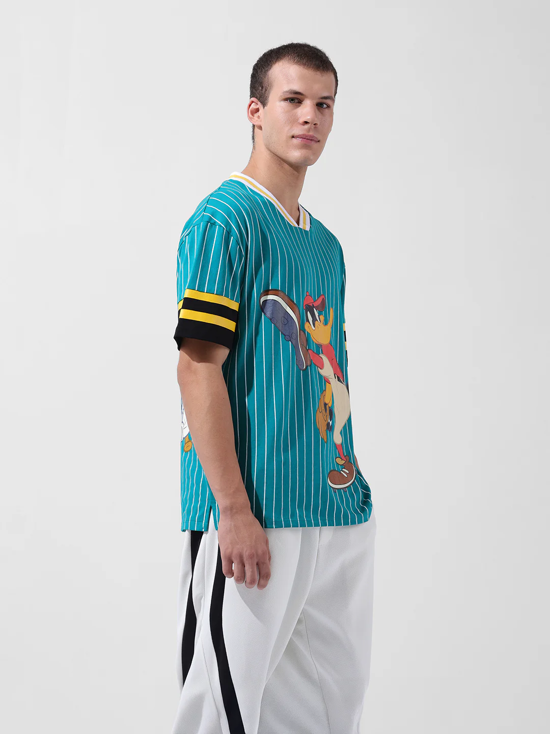 Men's Green Boxy Fit Cartoon Character Printed V-Neck T-Shirt - Image 2