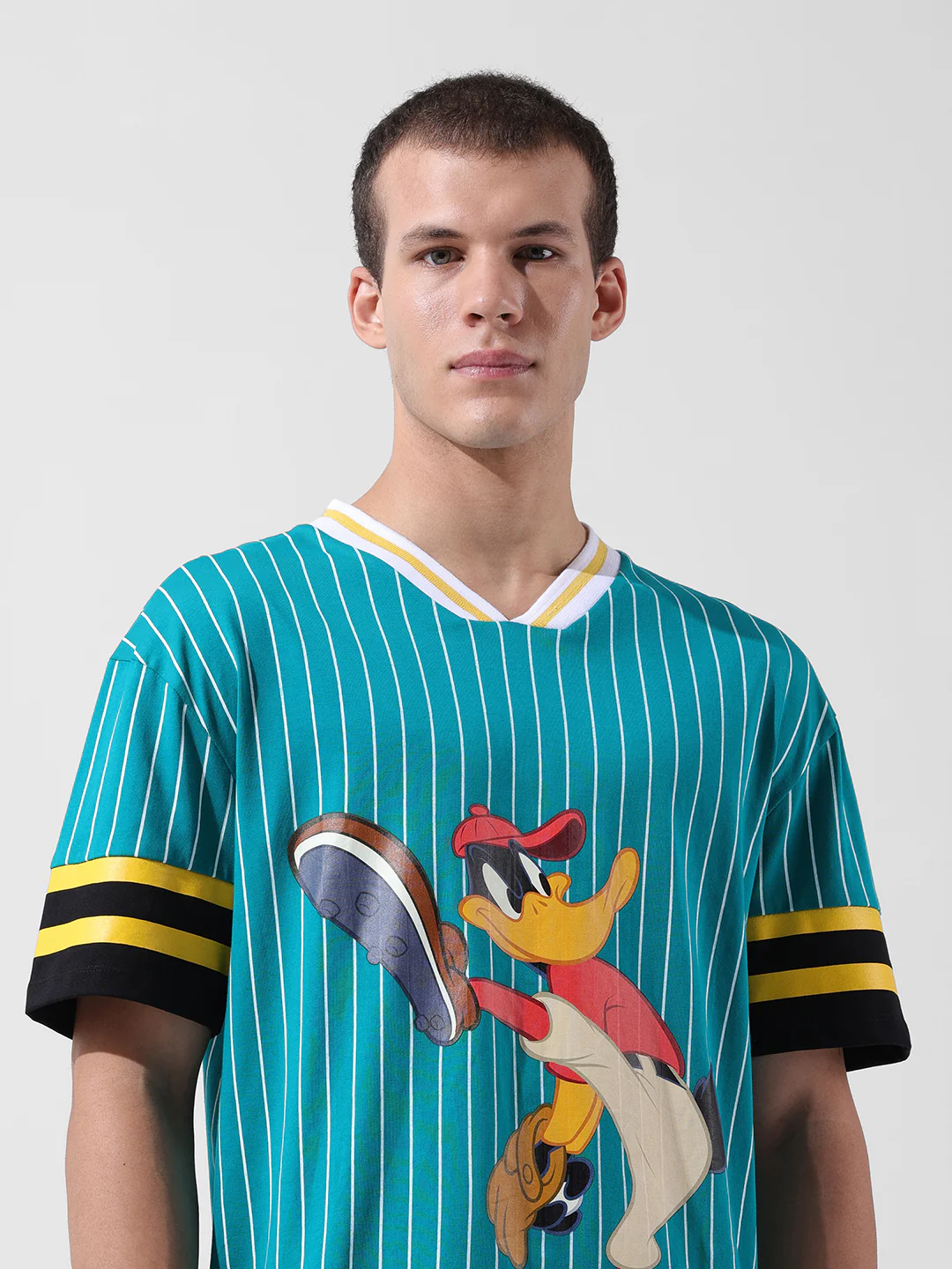 Men's Green Boxy Fit Cartoon Character Printed V-Neck T-Shirt - Image 4